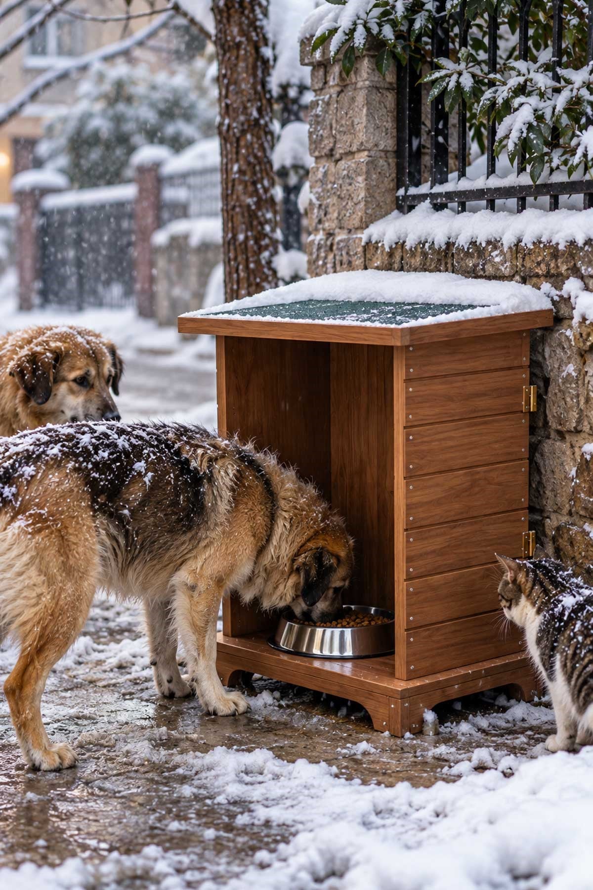 Reyo Büyük Boy Köpek Ahşap Mama İstasyonu, Kedi Mama İstasyonu Su Geçirmez Memran Çatılı, Uzun Ömürlü Kullanım Ceviz DOGMİ 