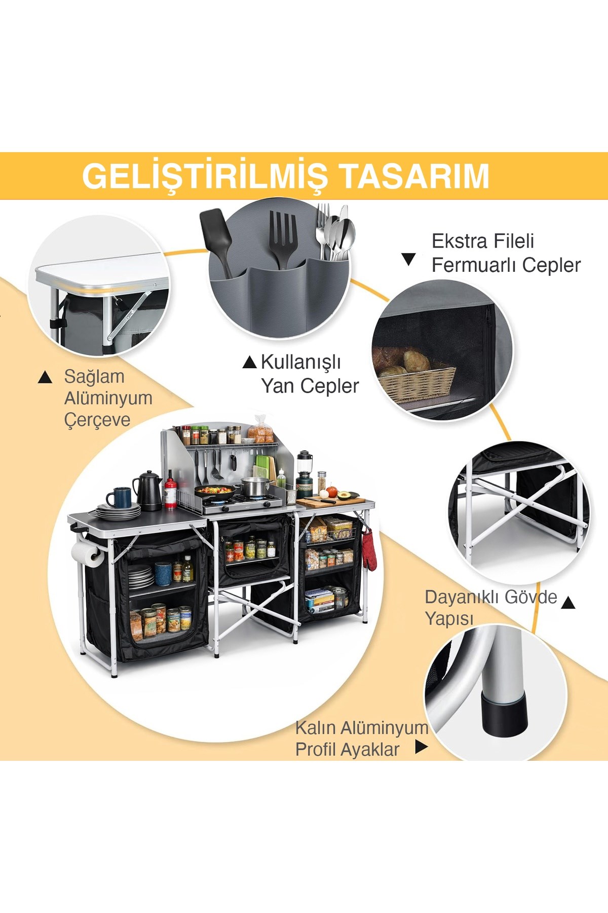 Haegs Kamp Mutfağı, Katlanır Alüminyum Kamp Mutfak Tezgah Masası, Portatif Taşınabilir Açık Hava Yemek Pişirme İstasyonu, Saklama Dolabı ve Yan Masalar 3 Dolaplı - Kumaş Desenli