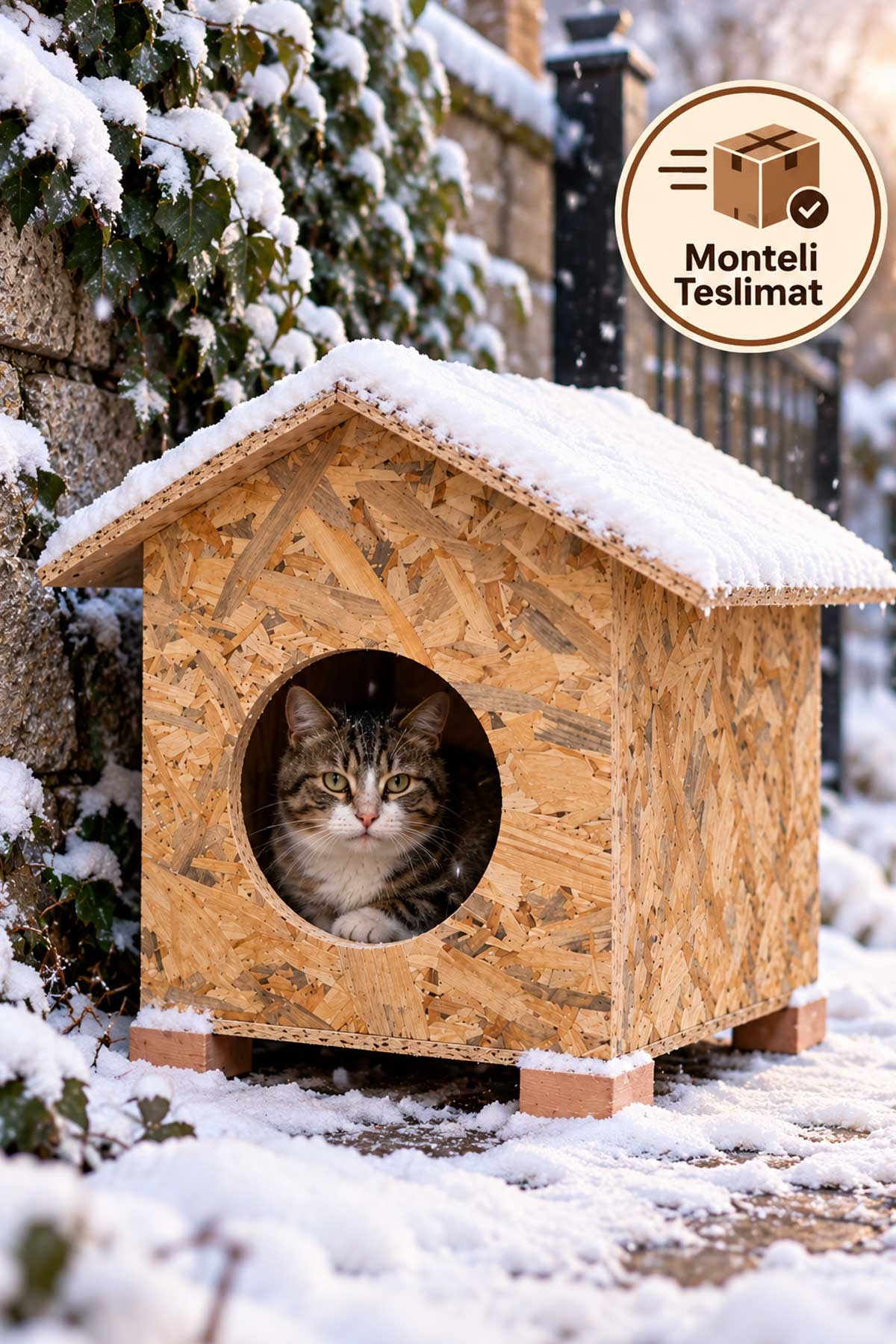 Reyo 35x45x40 cm Monte Edilmiş Kedi Evi, Yağmur ve Rüzgar Geçirme Kedi Yuvası, Sokak Canları İçin Barınak Cat30 
