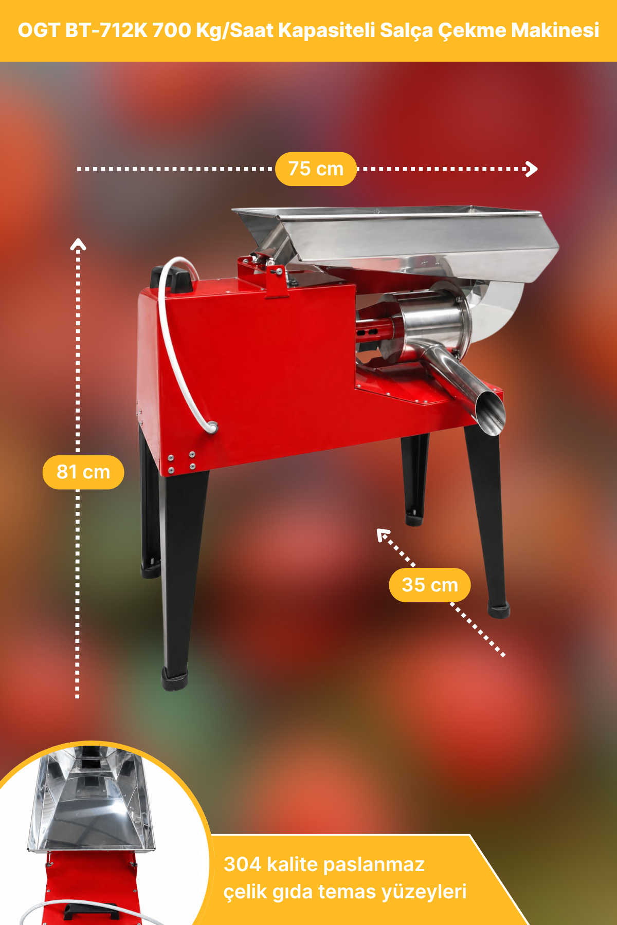 OGT BT-712K 700 Kg/Saat Kapasiteli Kırmızı Ayaklı Profesyonel Domates Biber Salça Çekme Makinesi