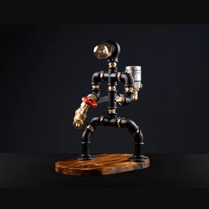 Rustik Atölye İtfaiyeci Masa Lambalı Lampenser İçki Musluğu Koyu Ceviz