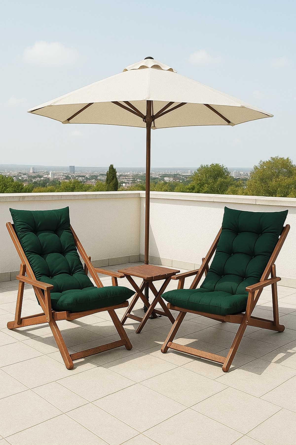 Bysay Ahşap Katlanabilir Taşınır Puf Minderli Kollu Kademeli Şezlong Plaj, Bahçe Şezlong 3lü Set Ceviz-Yeşil