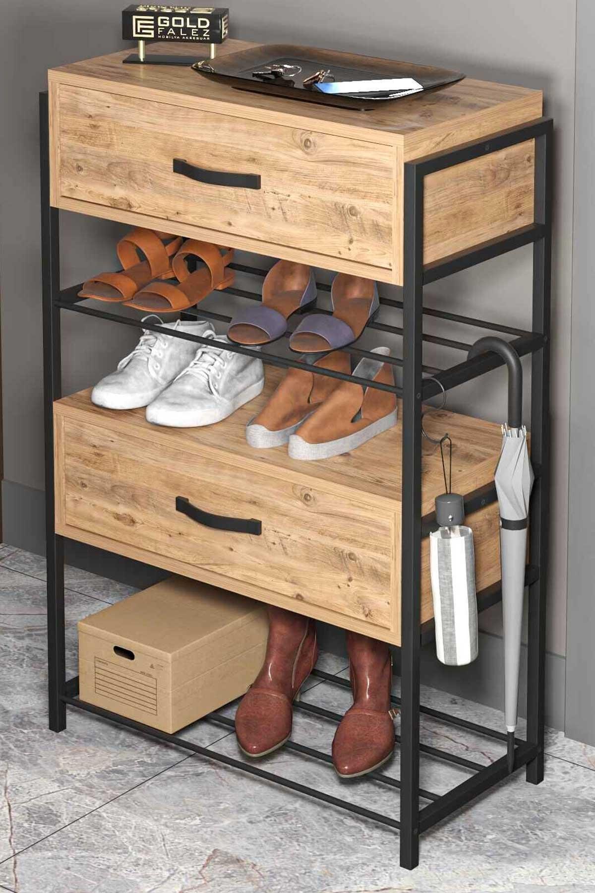 Reyo Falez Ayakkabılık Ahşap 2 Kapaklı Metal Raflı 4 Katlı Çok Amaçlı Atlantik Çam