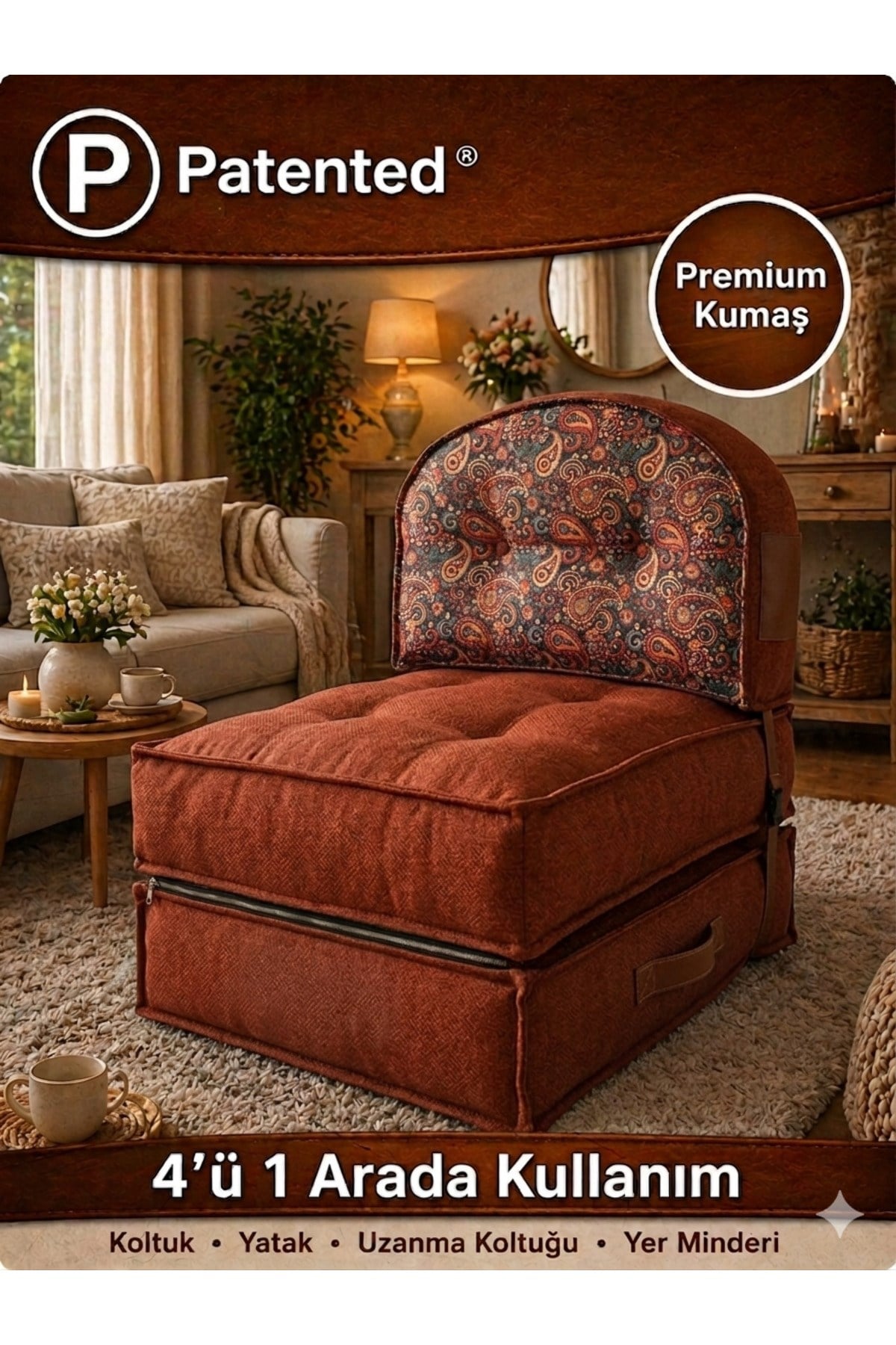 Pufymax Comfy Plus Oval Bohem Tekli Koltuk Yatak Olabilen Katlanır Berjer & Modüler Yer Yatağı 75x75x 90 cm Kiremit Desenli