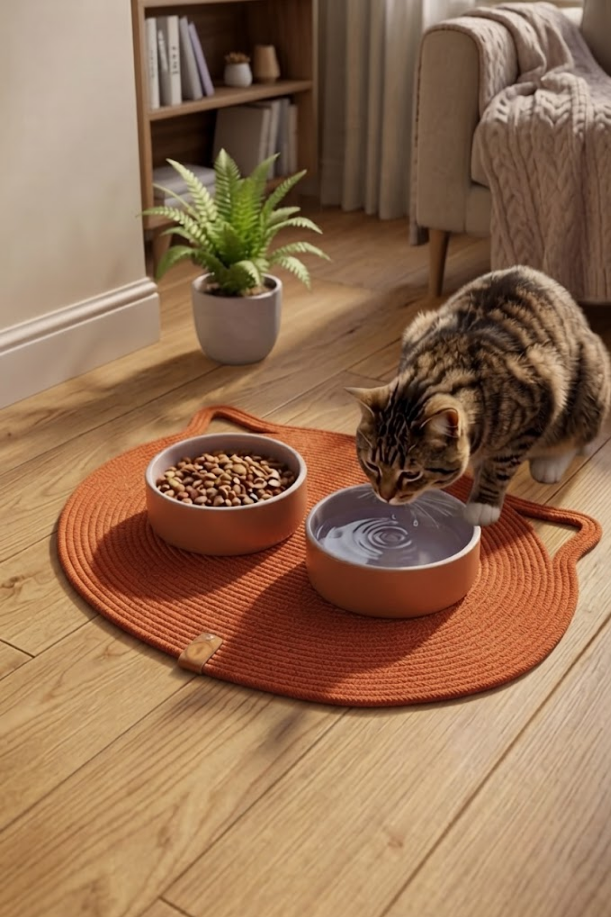 Reyo Pet El Yapımı Kedi Kulaklı Tırmalama Matı, Kedi ve Köpek Mama Matı %100 Pamuk Turuncu