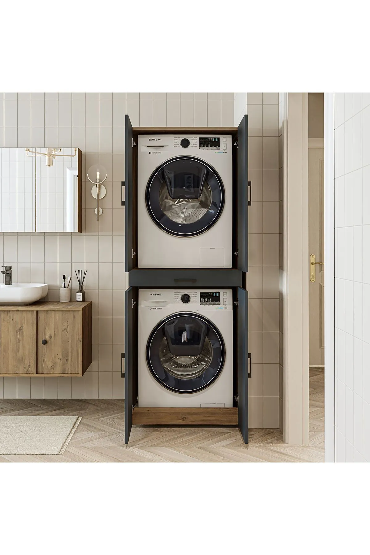 RoomArt Banyo Dolabı Kapaklı Çamaşır Ve Kurutma Makinesi Dolabı 70x185 cm Atlantik Çam - Antrasit