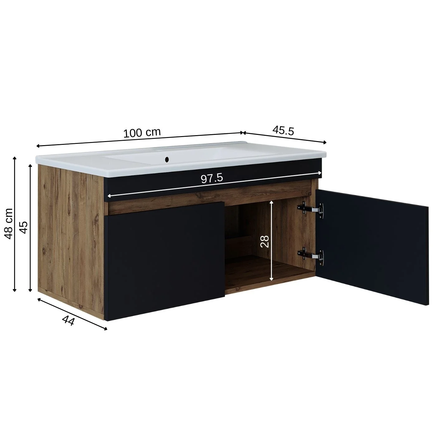 RoomArt Lavabolu Atlantik- Antrasit Mat Mdf 100 Cm Banyo Dolabı Atlantik Çam-Antrasit