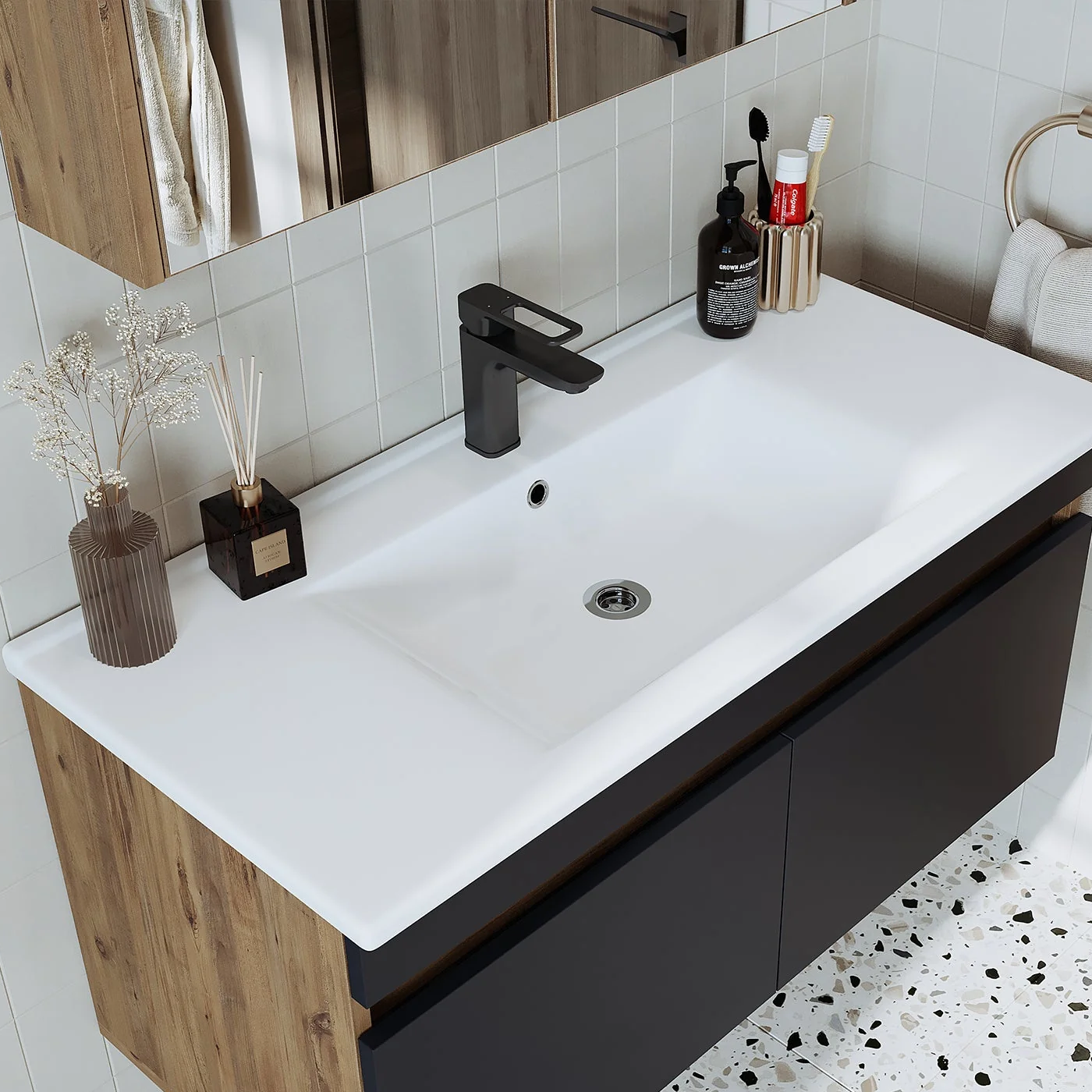 RoomArt Lavabolu Atlantik- Antrasit Mat Mdf 100 Cm Banyo Dolabı Atlantik Çam-Antrasit