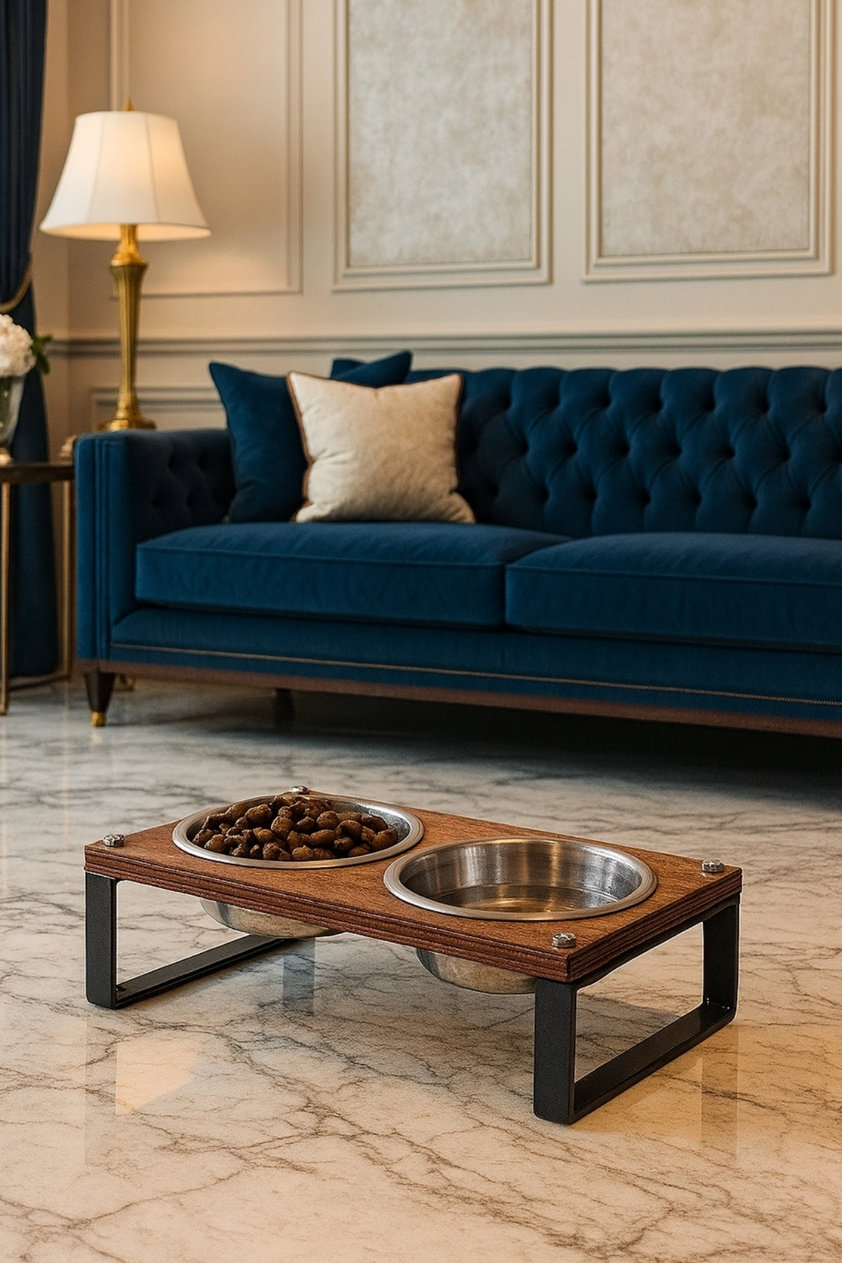 Reyo OK-AY Store Zorvia Paslanmaz Çelik Kedi Köpek Mama ve Su Kabı Standı, %10 Eğimli, Ergonomik, Yükseltilmiş Sağlıklı Beslenme, Siyah-Ceviz