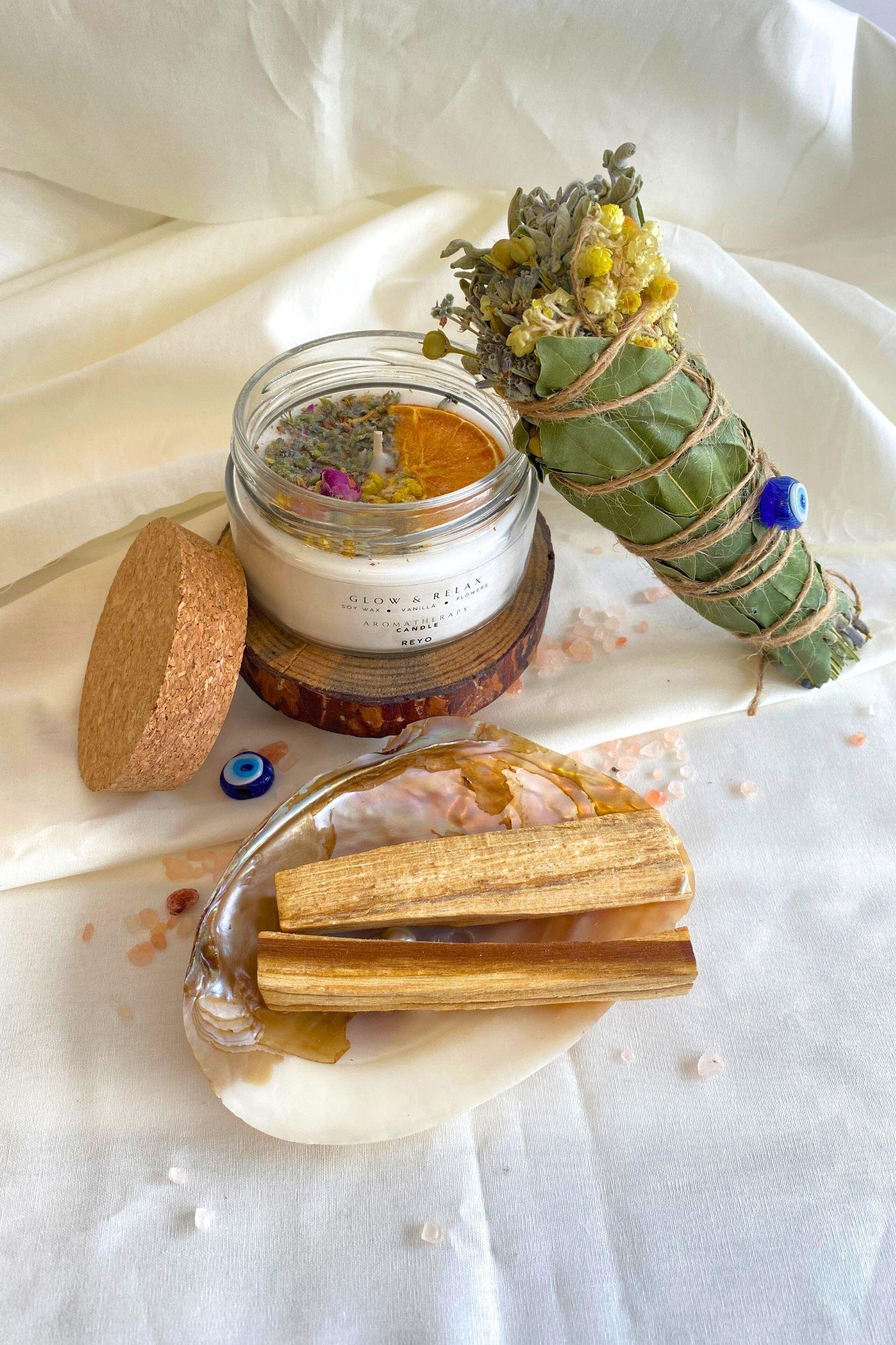 Reyo Nazar Tütsü Demeti, Deniz Kabuğu, Palo Santo, Aromaterapi Mum Arınma 4'lü Ritüel Set 