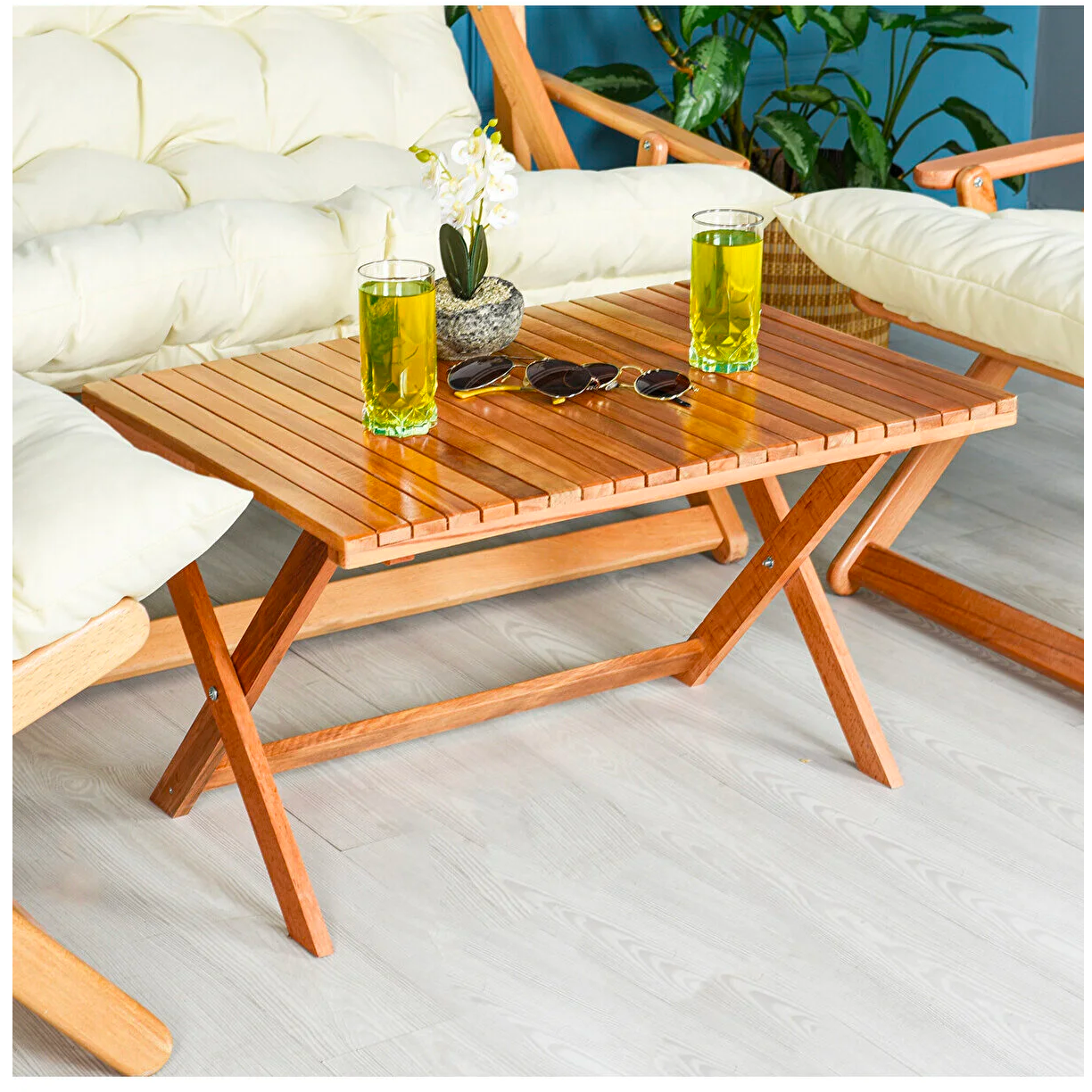 Bysay Ahşap Katlanabilir Taşinir Puf Minderli Kollu Şezlong Plaj Bahçe Teras Balkon Sandalyesi Koltuğu Takimi 4 Lü Set Krem