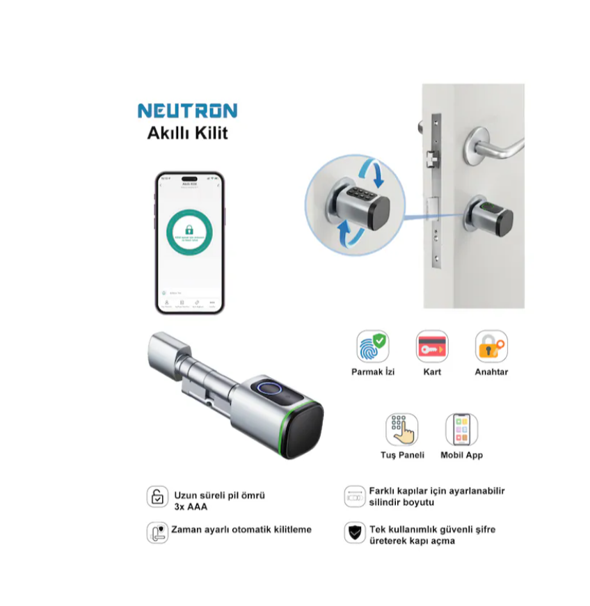 NEUTRON NTL-SC-02FKPW Parmak izi, Anahtarlı, Tuşlu, Kartlı ve Uzaktan Kontrollü Akıllı Kapı Kilidi