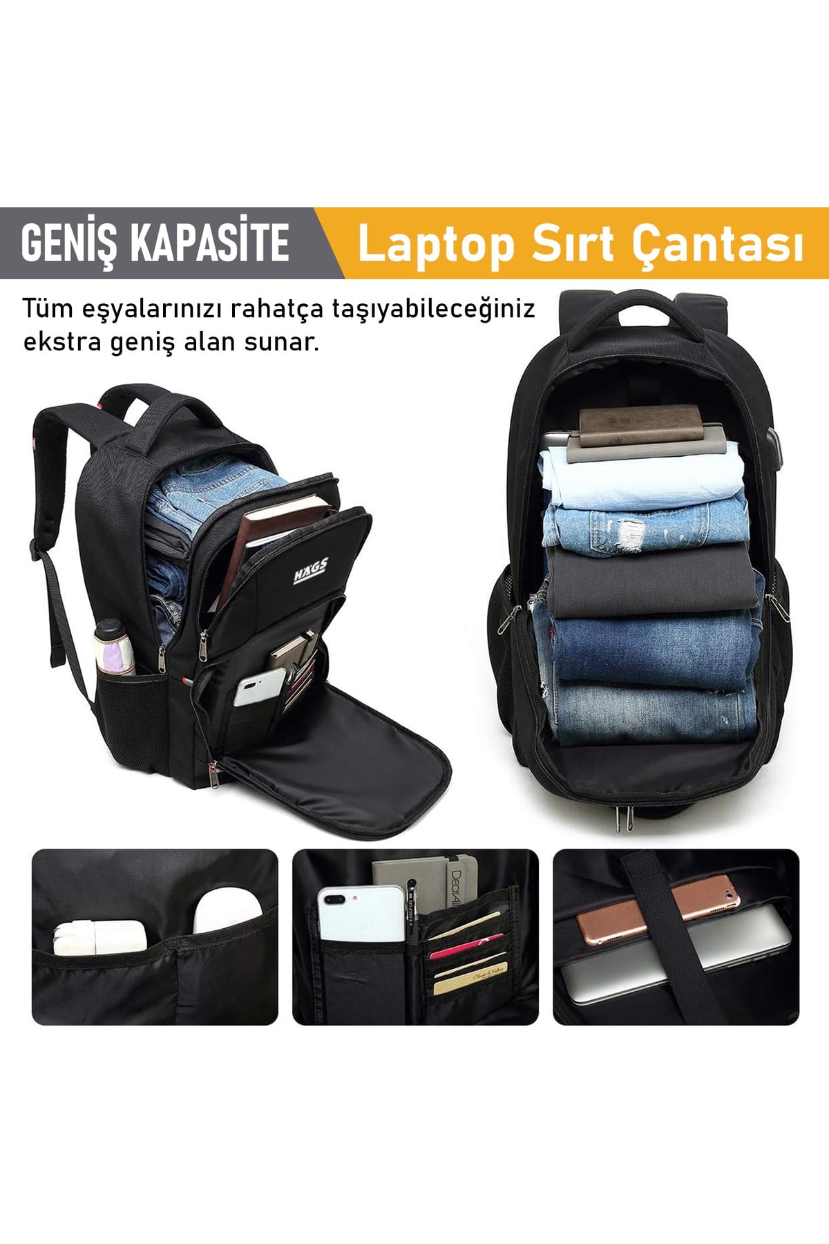 Haegs Laptop Sırt Çantası, Multi Cepli İş Seyahat Çantası, Dizüstü Bilgisayar Sırt Çantası, Suya Dayanıklı, Kolej Bilgisayar Çantası, Kadınlar ve Erkekler İçin Çok Bölmeli Organizer Çanta - Siyah