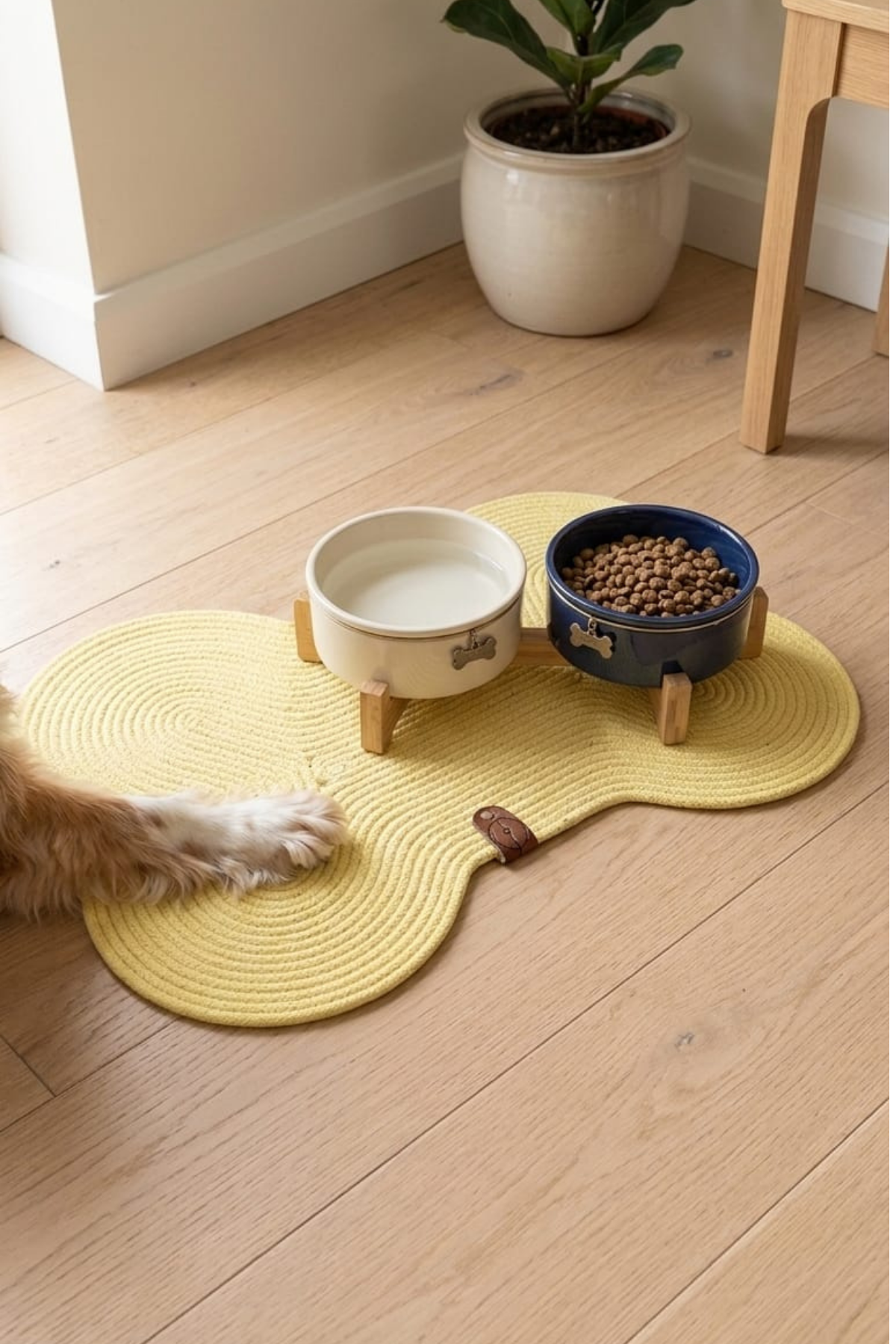 Reyo Pet El Yapımı Kemik Kedi ve Köpek Mama Matı, Kedi Tırmalama Matı, Tress İpli - Açık Sarı