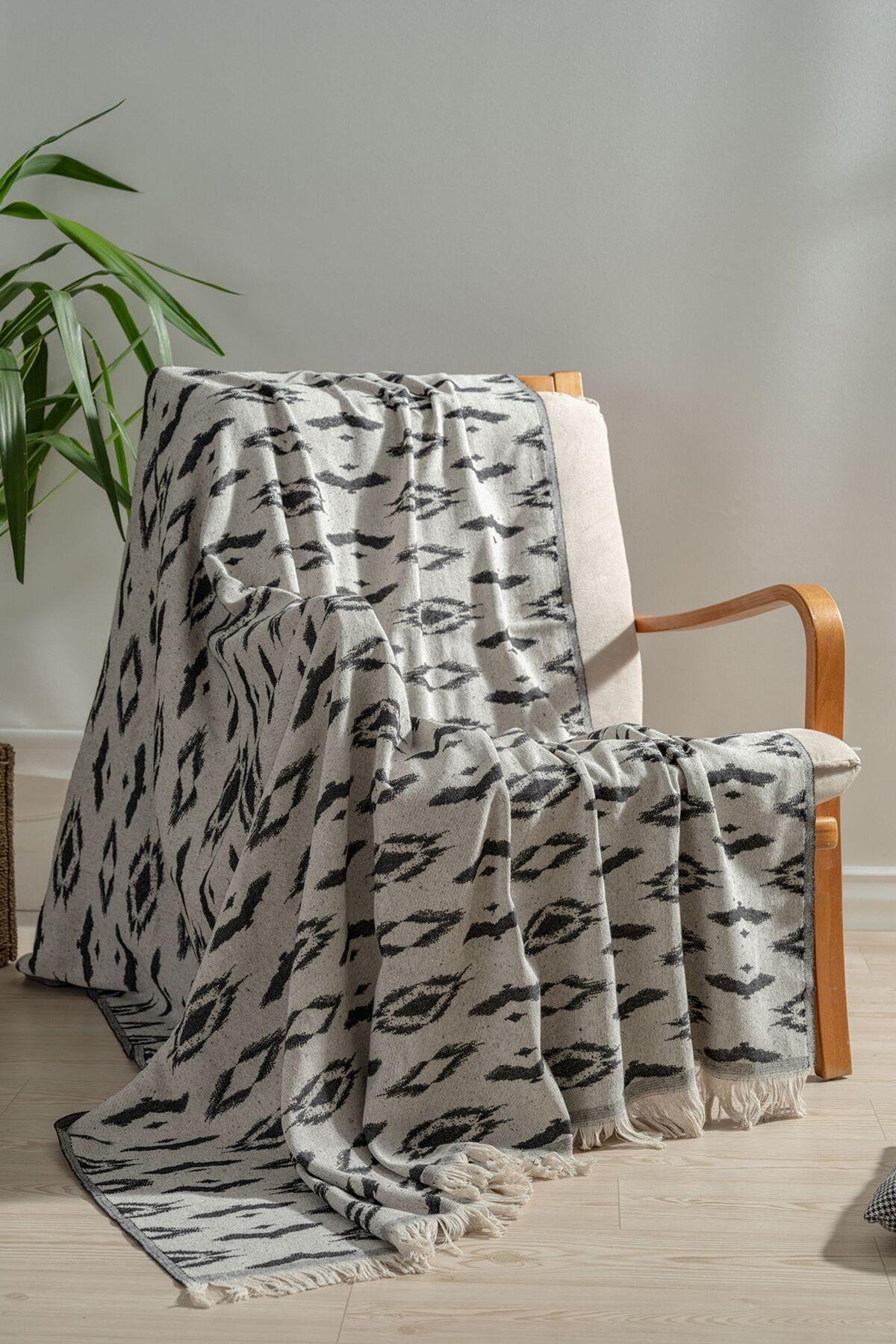 Mylasa Home 100% Pamuklu Koltuk Şalı TV Battaniyesi,130x170 cm Yüksek Kaliteli Pamuklu Kumaş Siyah Reflaction