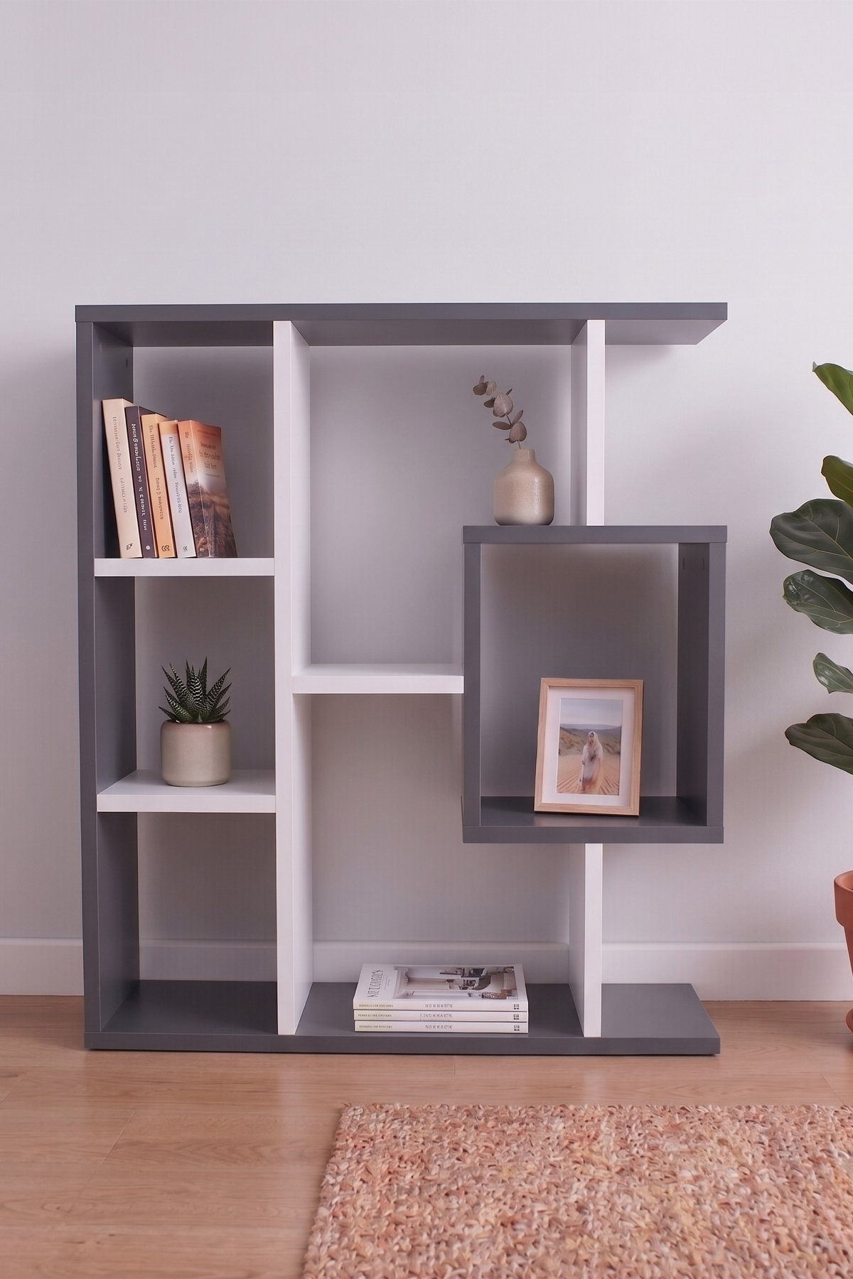 Enda Home Yegane Duvar Rafı, Duvar Kitaplığı, Dekoratif Kitaplık, Modern Kitaplık, Zeminde veya Duvarda Kullanıma Uygun Beyaz - Antrasit