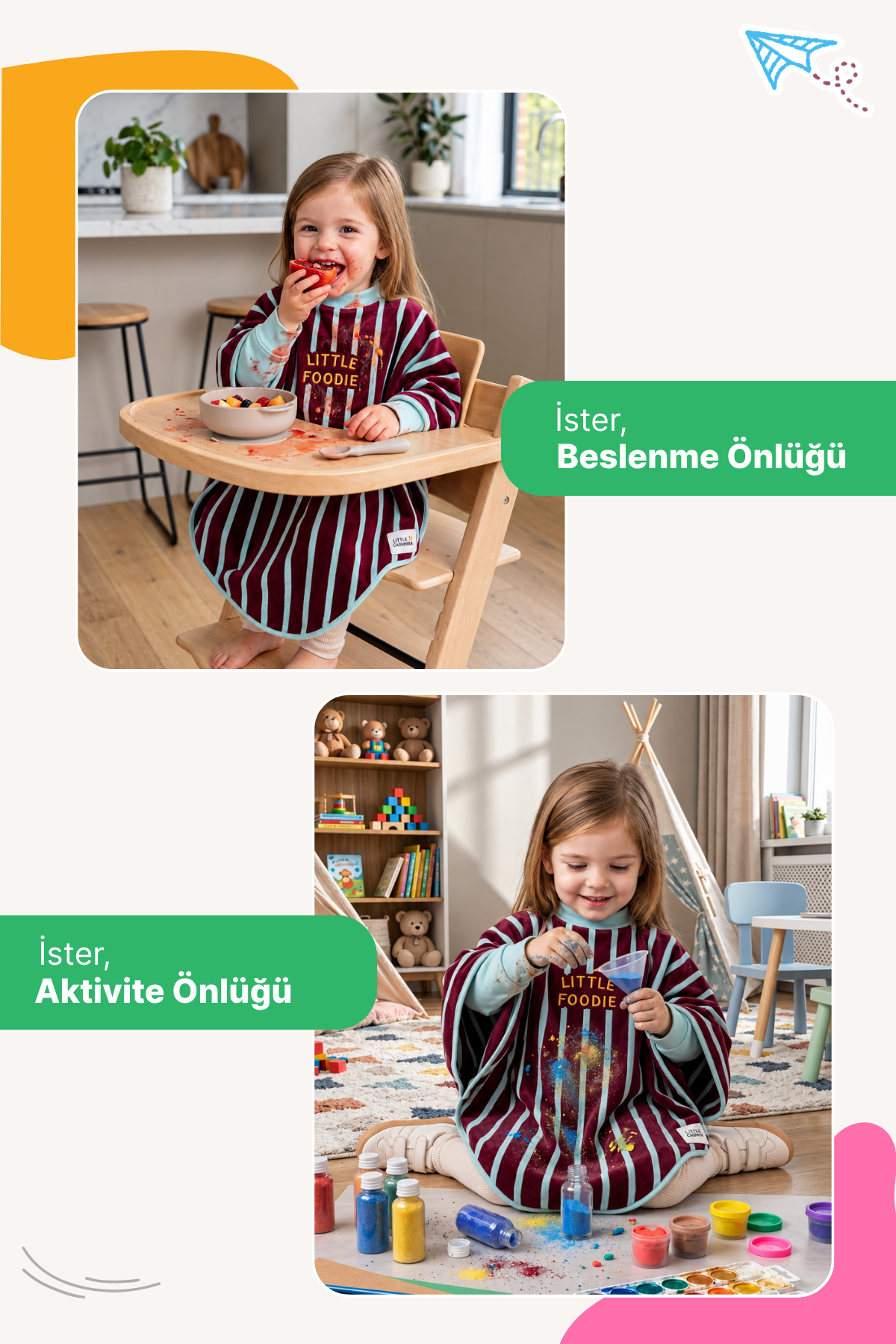 Reyo 6 Ay-6 Yaş Uzun Kollu Bebek Mama Önlüğü, Çocuk Aktivite Önlüğü, Pamuklu, Sıvı Geçirmez İç Katmanlı Havlu Bebek Beslenme Önlüğü - Little Foodie