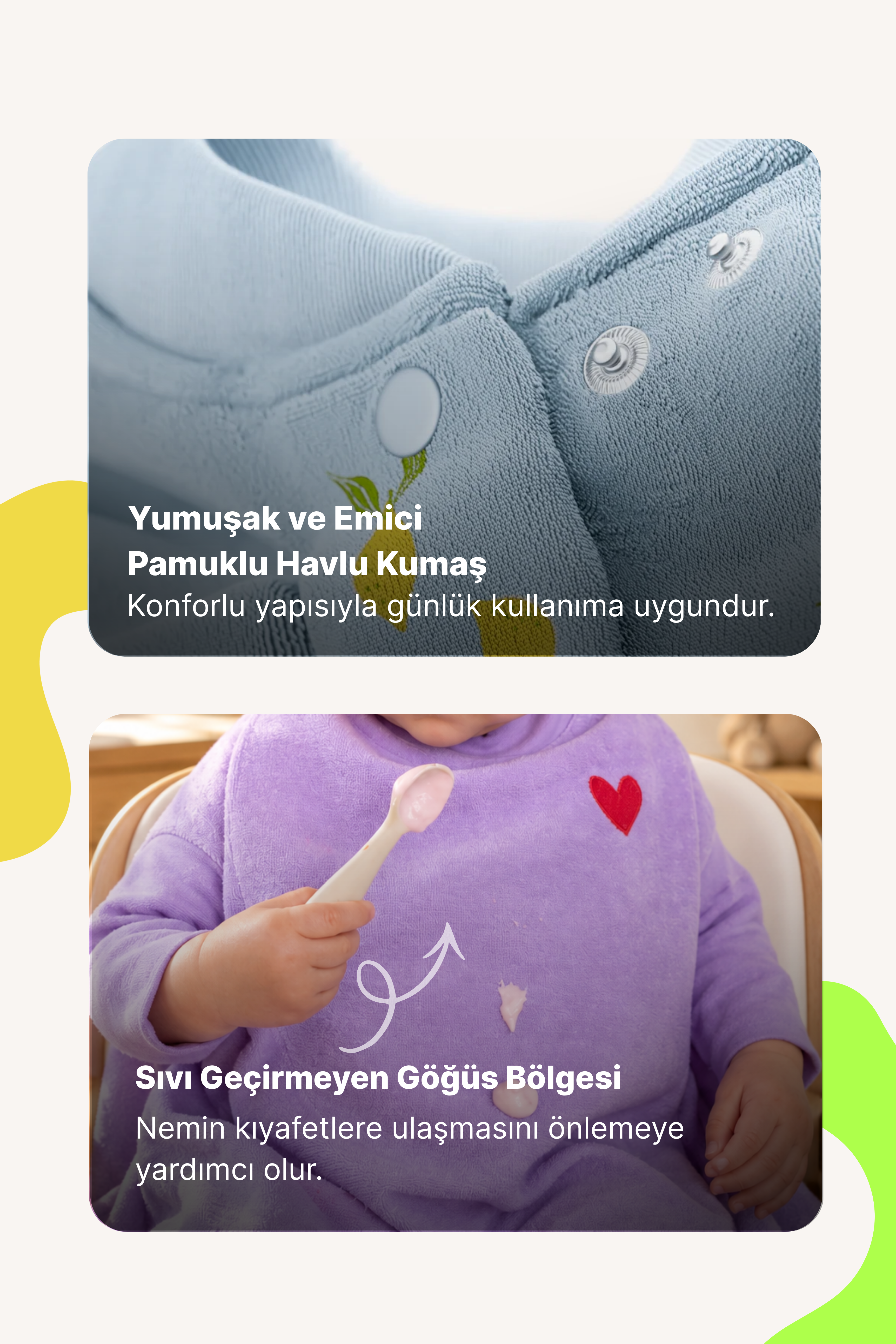 Reyo 6 Ay-6 Yaş Uzun Kollu Bebek Mama Önlüğü, Çocuk Aktivite Önlüğü, Pamuklu, Sıvı Geçirmez İç Katmanlı Havlu Bebek Beslenme Önlüğü - Limon Sorbe