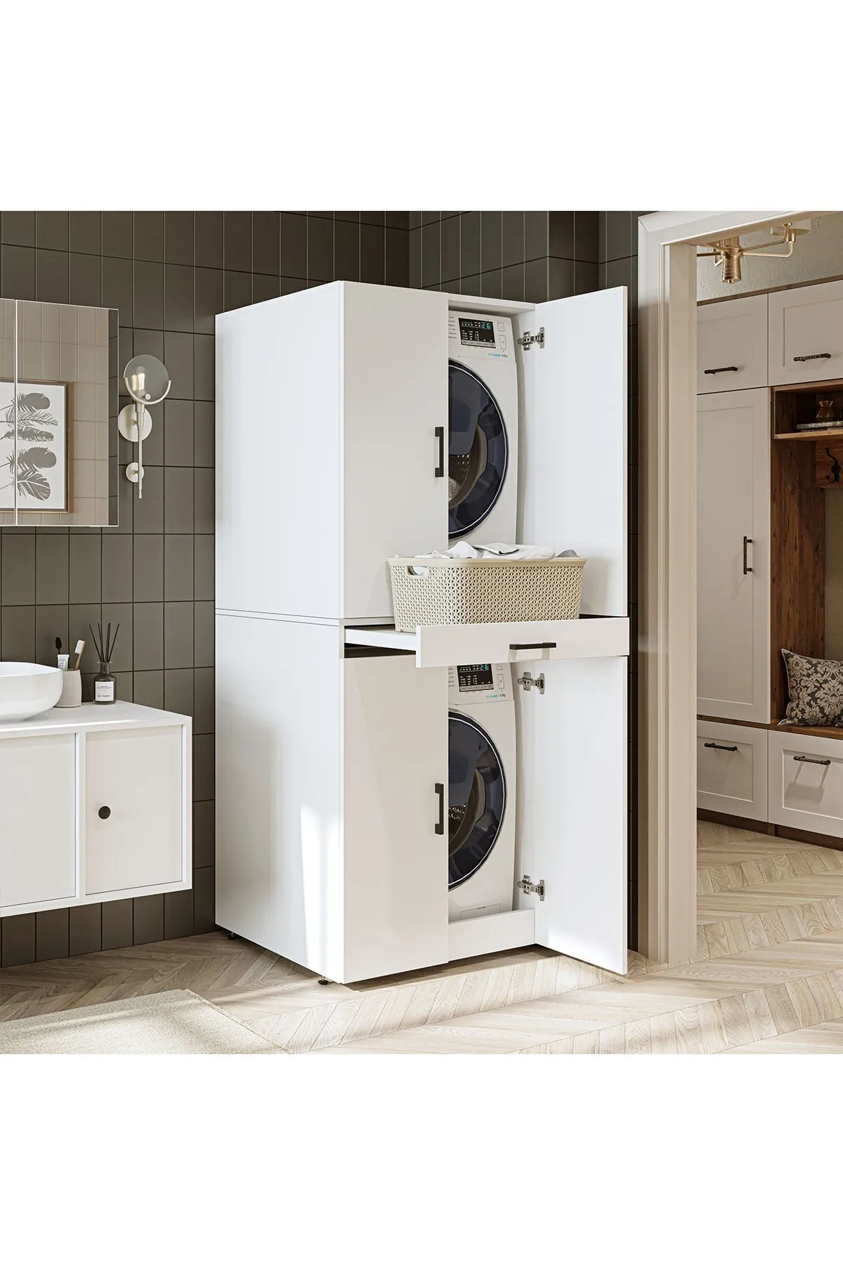 RoomArt Banyo Dolabı Kapaklı Çamaşır Ve Kurutma Makinesi Dolabı 70x185 cm Mat Beyaz