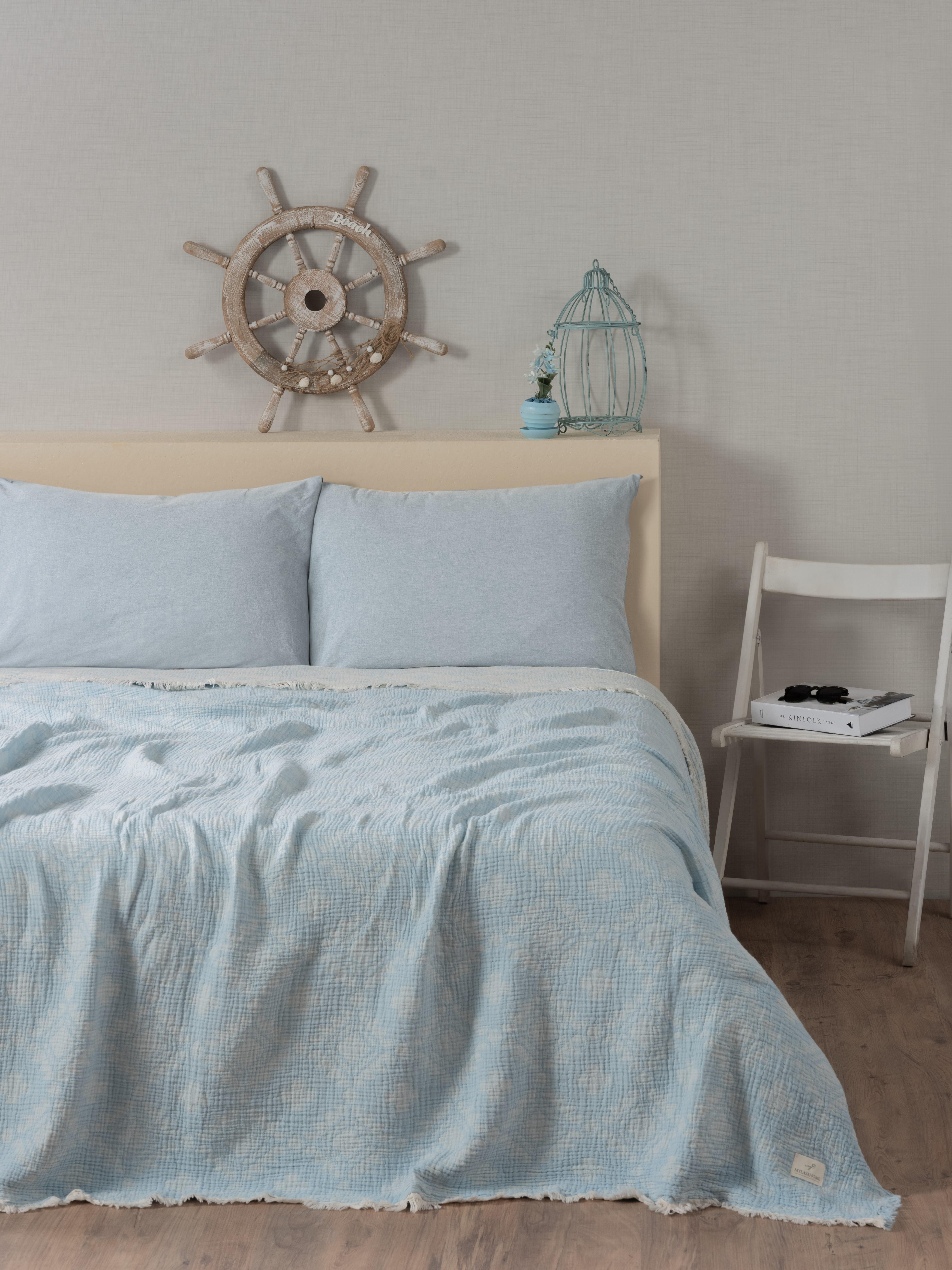 Mylasa Home Müslin 4 Katlı Aztec Desenli (Jakarlı) Çift Kişilik Yatak Örtüsü-Yazlık Pike 220x240cm - Açık Mavi 