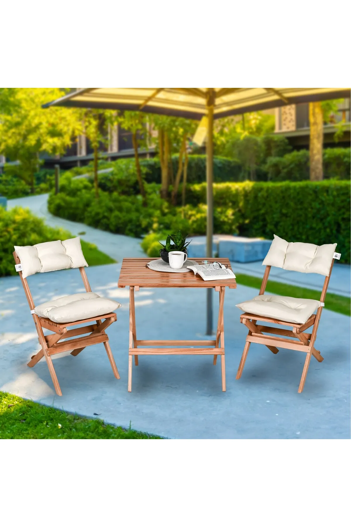 BySay Ahşap Katlanır Puf Minderli 3'lü Bistro Set Bahçe Takımı Naturel Krem