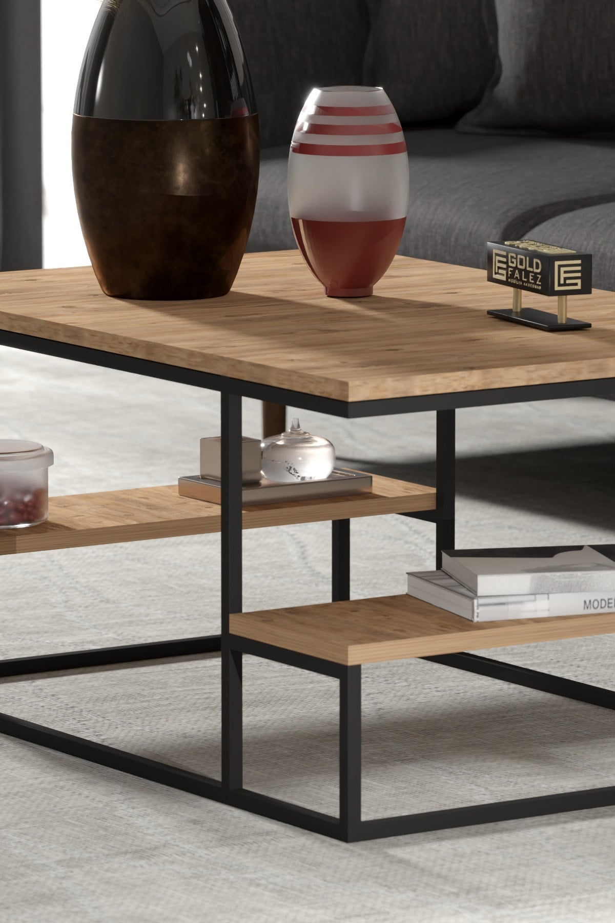 Reyo Falez Deluxe Raflı Orta Sehpa 60x90 cm Modern Dikdörtgen Orta Sehpa Atlantik Çam