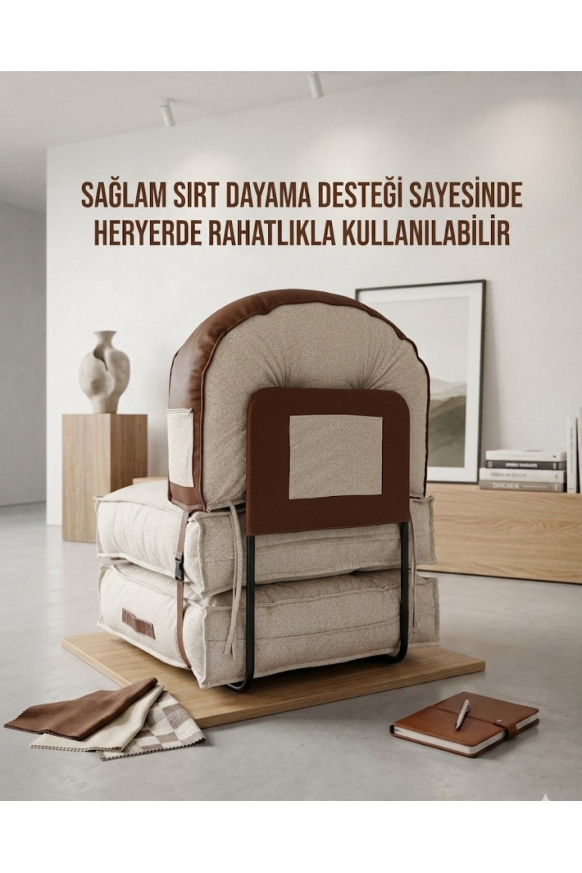 Pufymax Comfy Zen Oval Bohem Tekli Koltuk Yatak Olabilen Katlanır Berjer & Modüler Yer Yatağı 75x75x 90 cm Ekru