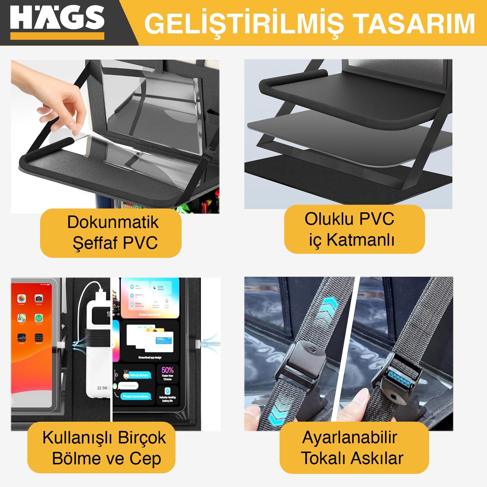 Haegs Araç Koltuk Arkası Düzenleyici, Araç içi Organizer Düzenleyici, Katlanır Sehpalı, Çocuk Tekmeleri için çok Fonksiyonlu Araba Koltuğu Sırt Koruyucu Paspas Mat, Tablet Bölmeli ve Çok Sayıda Cepli, Siyah