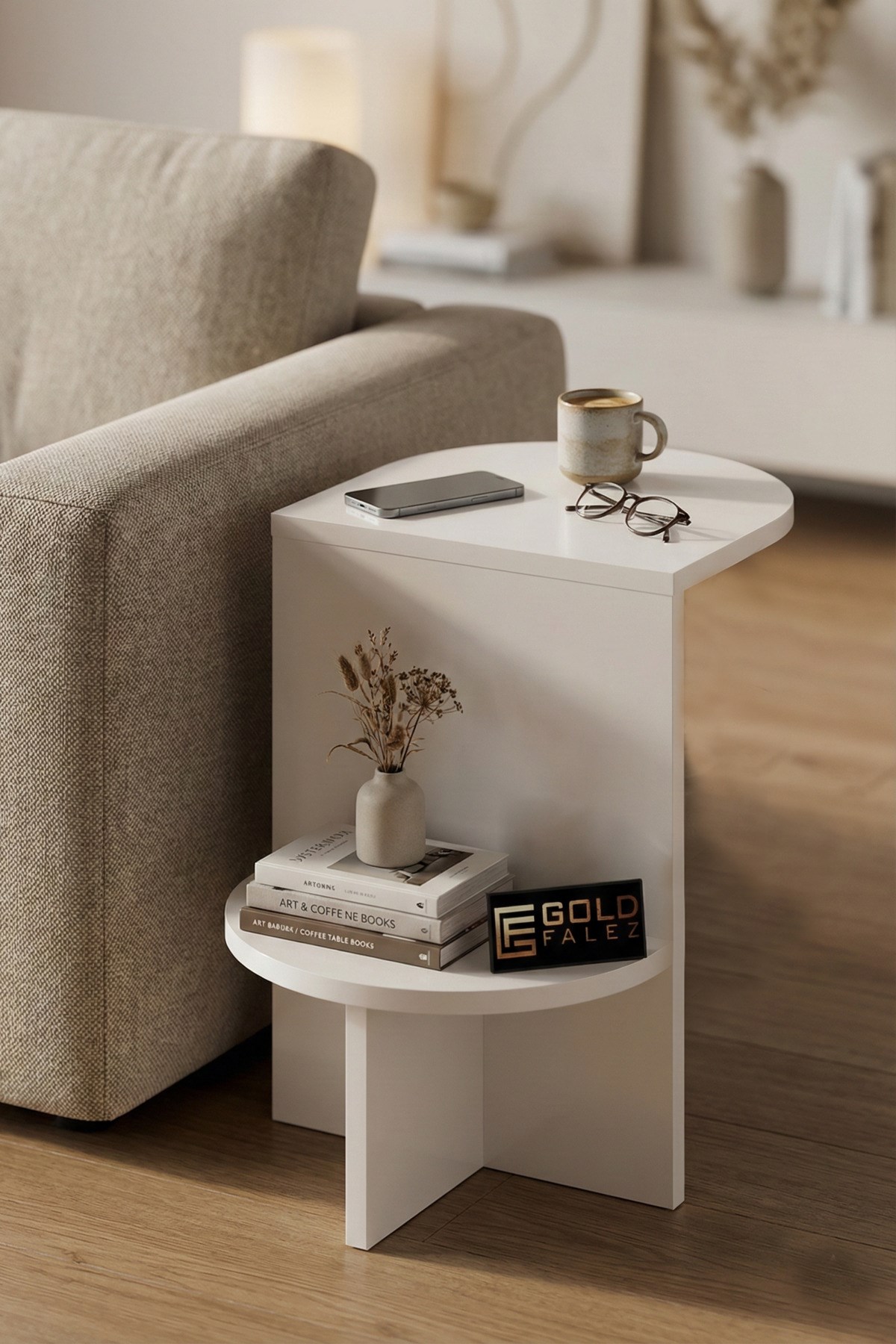 Reyo Falez Yan Sehpa Çok Amaçlı Modern Tasarım Raflı Salon Koltuk Kenarı Sehpası Setro - 6021 Beyaz