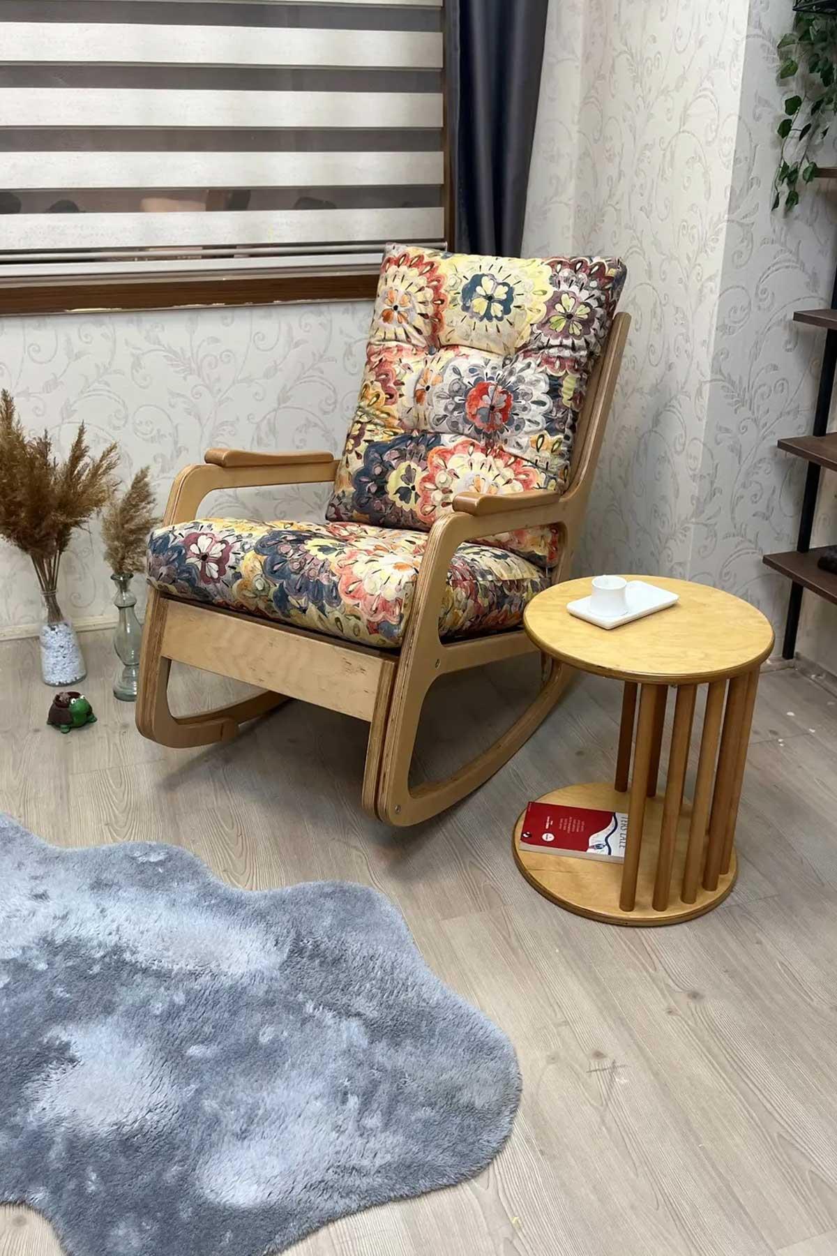 Asedia Kontes Naturel Çiçek Desenli Dolgu Minderli Sallanan Sandalye Dinlenme Koltuğu Baba Koltuğu
