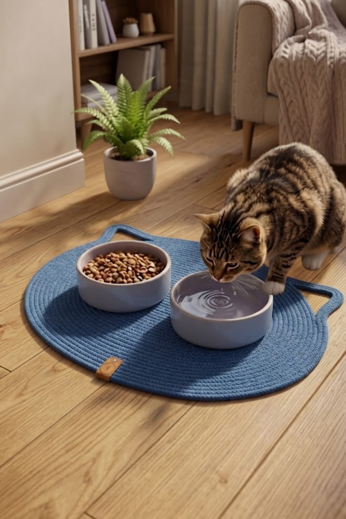 Reyo Pet El Yapımı Kedi Kulaklı Tırmalama Matı, Kedi ve Köpek Mama Matı %100 Pamuk Mavi