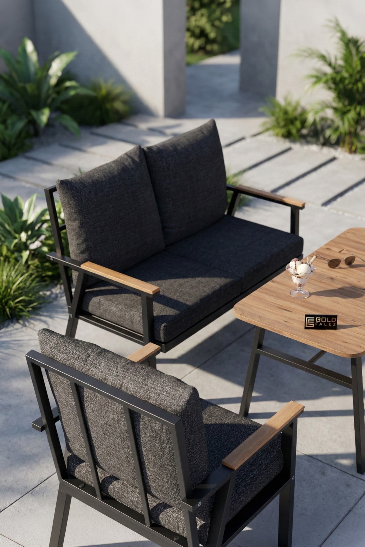 Reyo Falez Bahçe Balkon Oturma Grubu 4 lü Set Orta Sehpa Masa Koltuk Koltuk Minderli Balkon Teras Cafe Mobilya