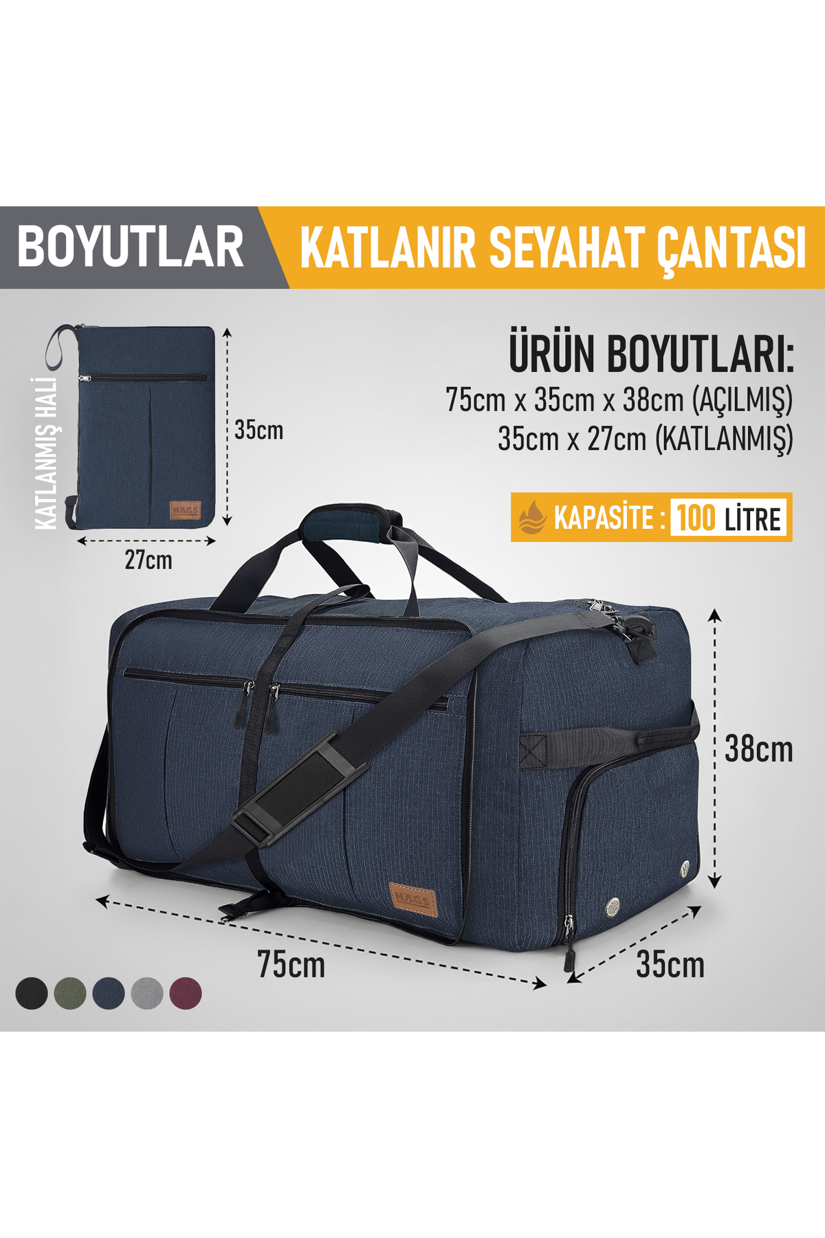 Haegs Katlanabilir Seyahat Çantası, Bavul Valiz Büyük Boy El Bagajı Çantası Erkekler ve Kadınlar için, Ayakkabı Bölmeli Hafta Sonu Geceleme, Katlanır Hurç Çanta 100L - Lacivert
