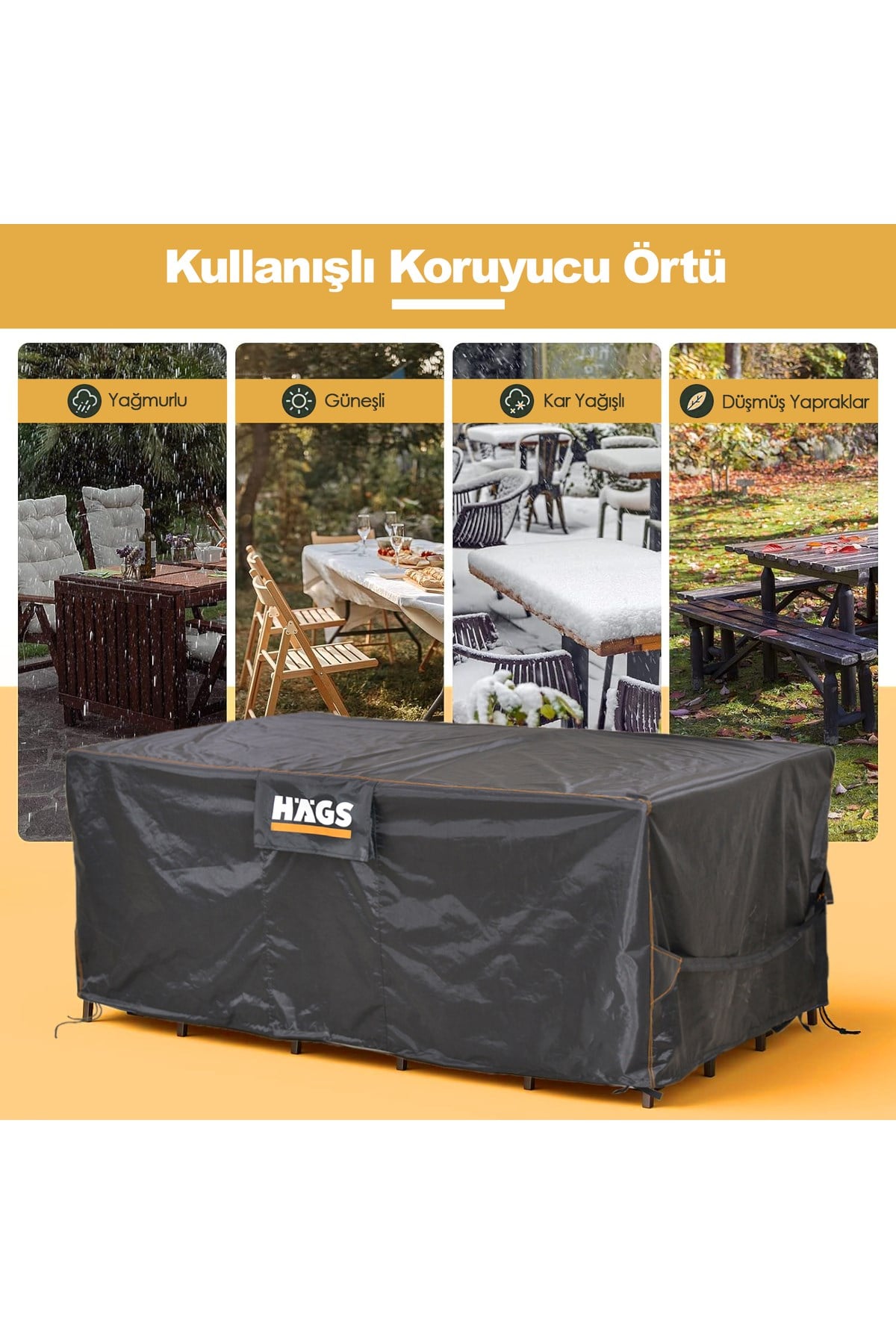 Haegs Bahçe Mobilyası Örtüsü, 250-210-90cm, Ağır Hizmet Oxford Kumaş, Su Geçirmez, Dış Mekan Veranda Masa Örtüsü, Havalandırmalı Masa ve Sandalye Koruma Kılıfı Gri