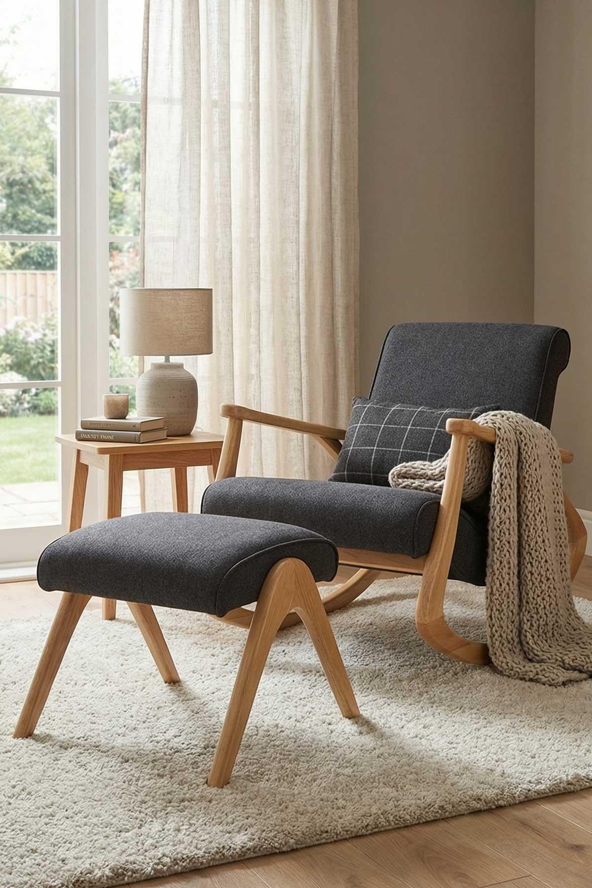 Asedia Ekol Naturel Antrasit Gri Dişbudak Sallanan Sandalye Dinlenme Emzirme Baba Tv Okuma Uzanma Koltuğu ESS