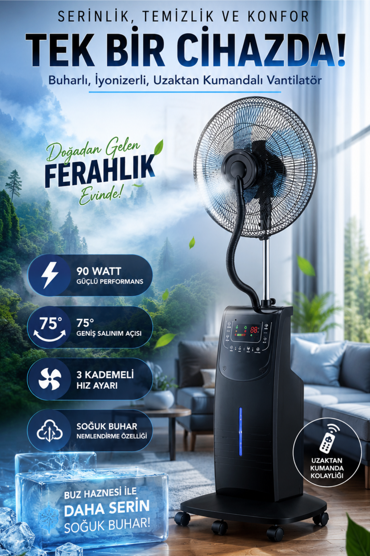 Dlc TSP40-EA Bakır Motor Uzaktan Kumandalı Buharlı İyonizerli Vantilatör Ayaklı Vantilatör 