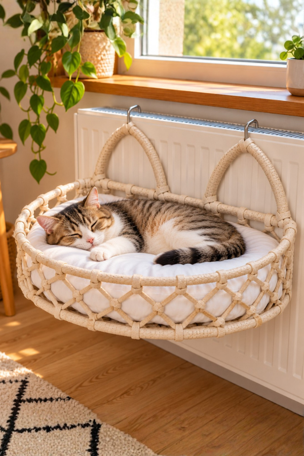 Tasaryum Kedi Köpek Kalorifer Yatağı, Radyatöre Asılan Hamak Tipi Minderli Kedi Yatağı Krem