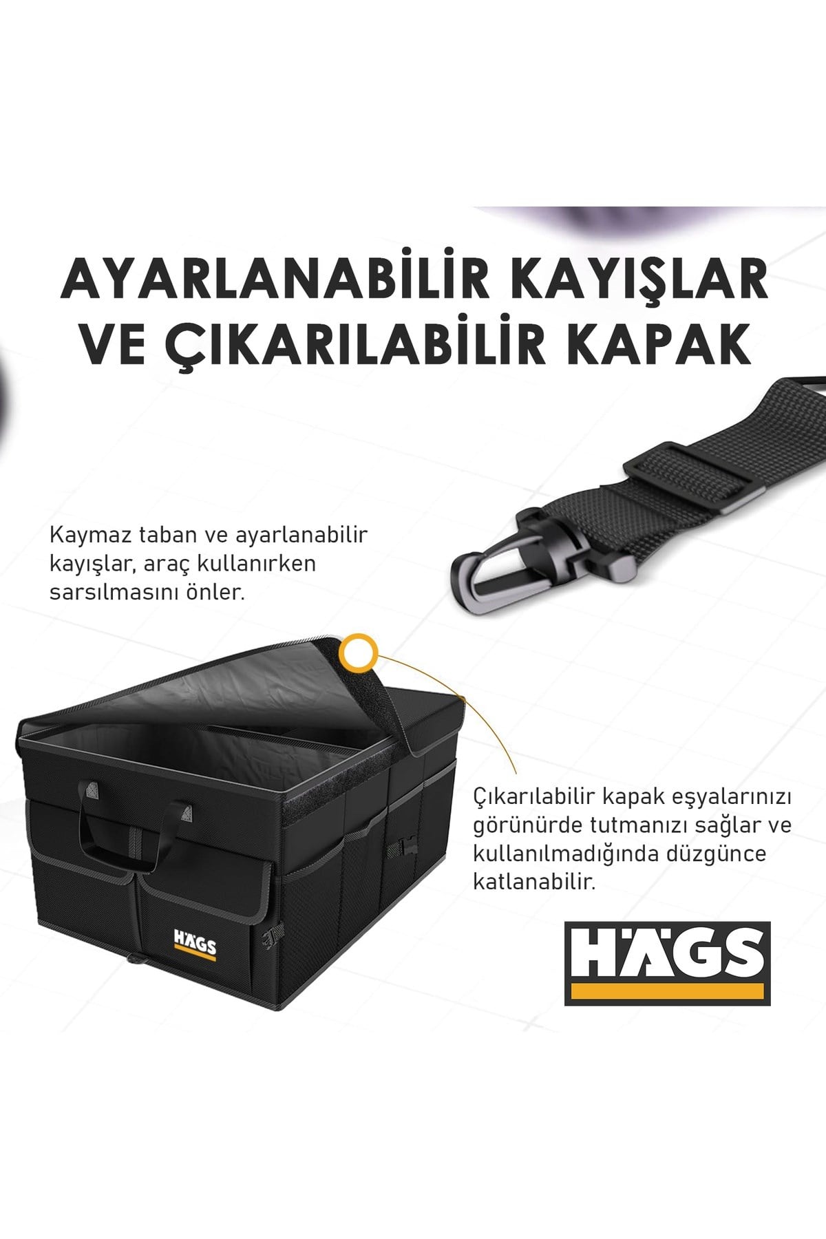 Haegs Araba Bagaj Çantası, Araç içi Düzenleyici Organizer, Katlanabilir Oto Bagaj Düzenleyici, Oto Aksesuarları, Araba Alet Eşya Düzenleyici - 65 Lt- Siyah