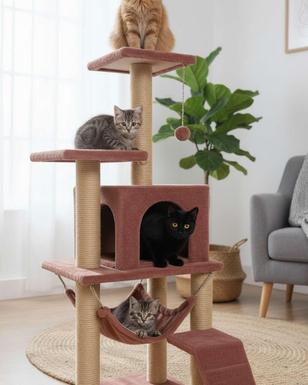 Reyo Pet B-07 Hamaklı Yuvalı Lüx Kedi Tırmalama Oyun Evi Gül Kurusu