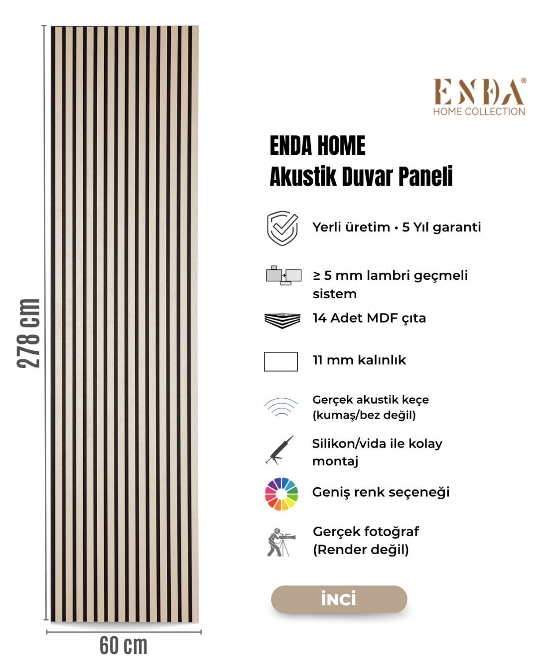 Enda Home MDF Akustik Duvar Paneli 60 x 278cm İnci