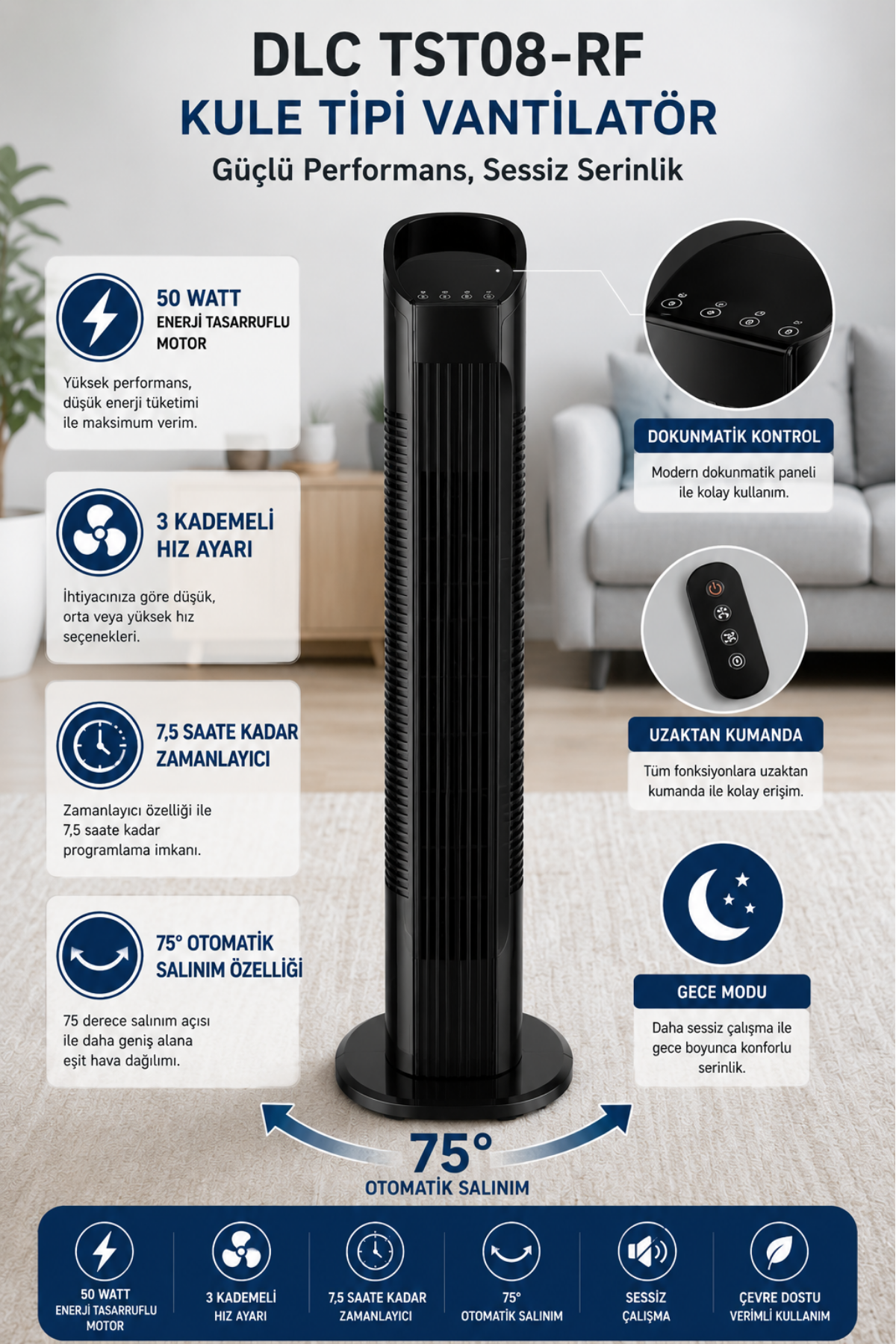 Dlc TST08-RF 50 Watt Kule Tipi Vantilatör Siyah