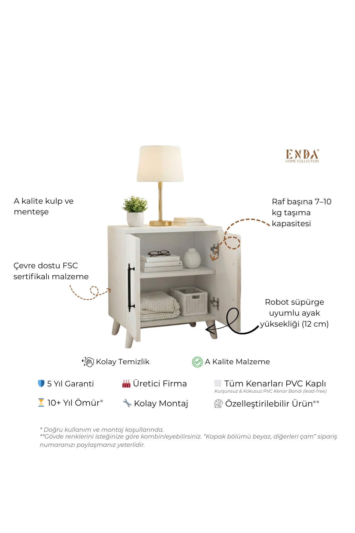 Enda Home Lumen 2 Kapaklı Raflı Klasik Komodin Beyaz