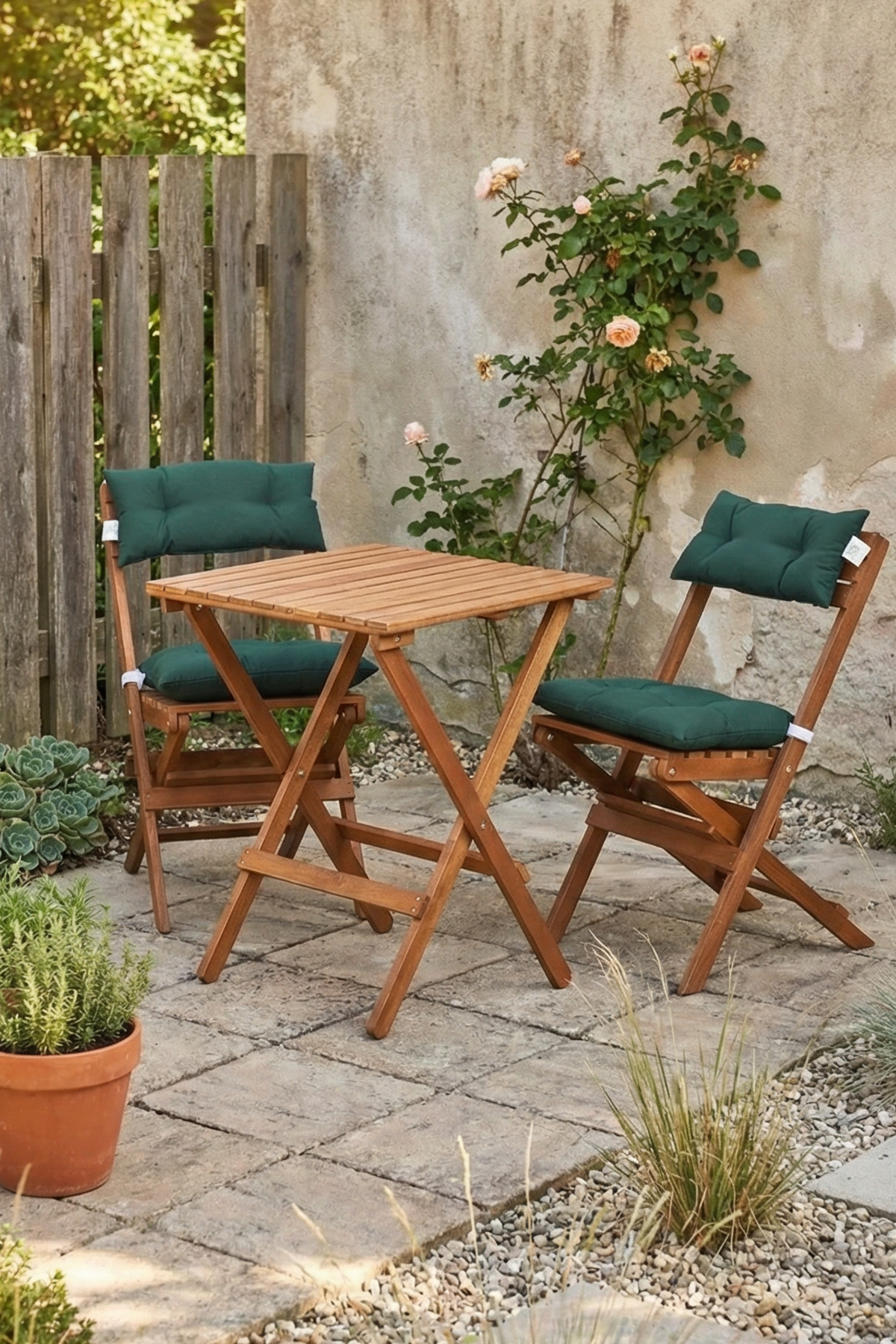 BySay Ahşap Katlanır Minderli 3'lü Bistro Set Mutfak Balkon Bahçe Masa Sandalye Seti Ceviz Yeşil