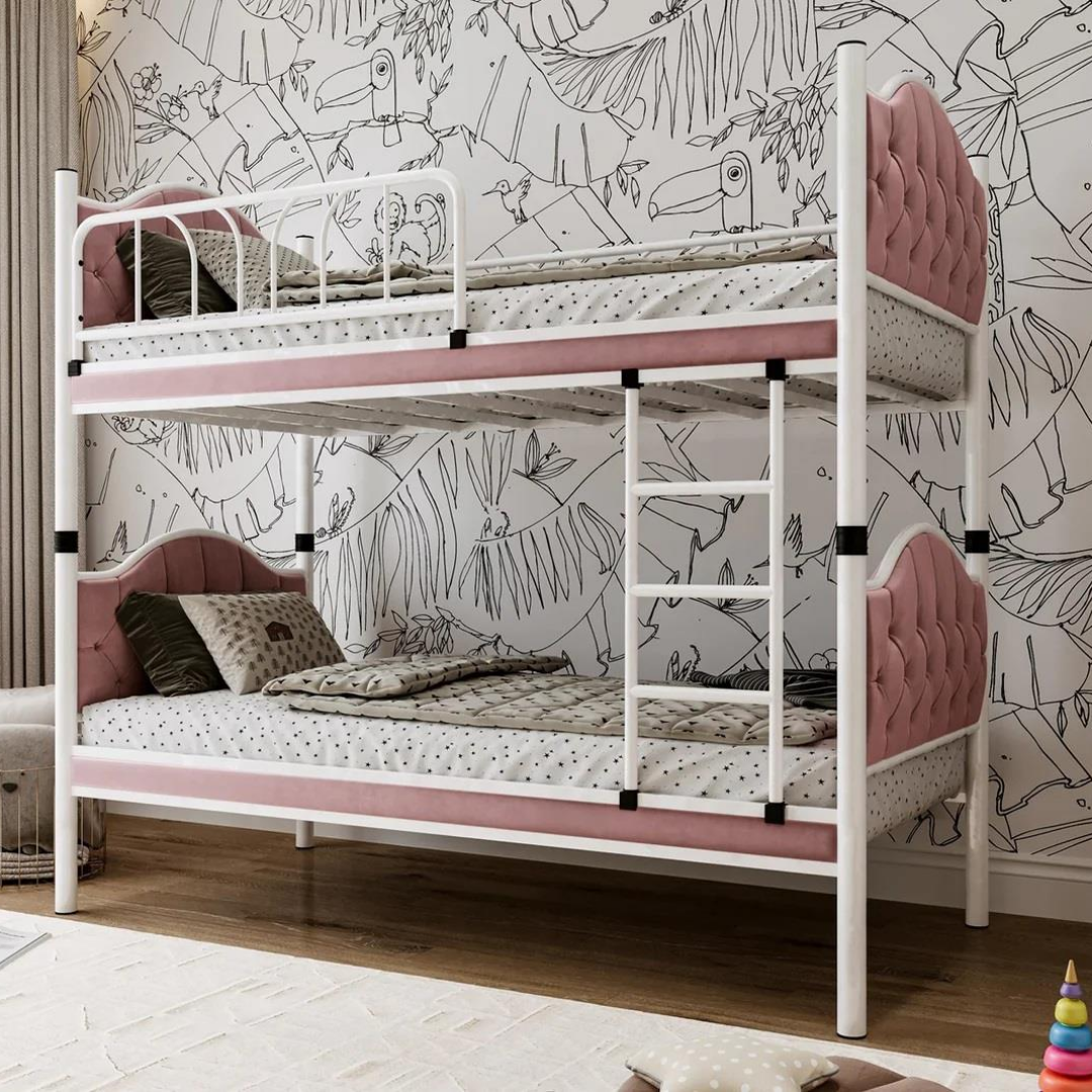 Reyo Melis Çift Katlı Metal Pembe Ranza ve Karyola 90x200