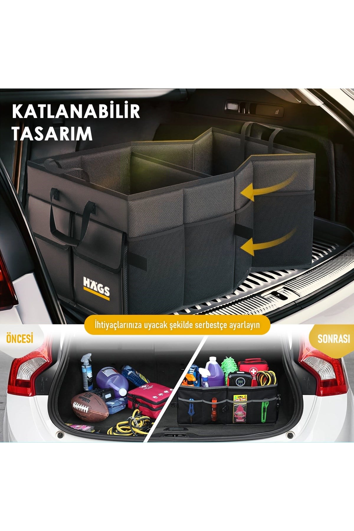 Haegs Araba Bagaj Çantası, Araç içi Düzenleyici Organizer, Katlanabilir Oto Bagaj Düzenleyici, Oto Aksesuarları, Araba Alet Eşya Düzenleyici - 65 Lt- Siyah