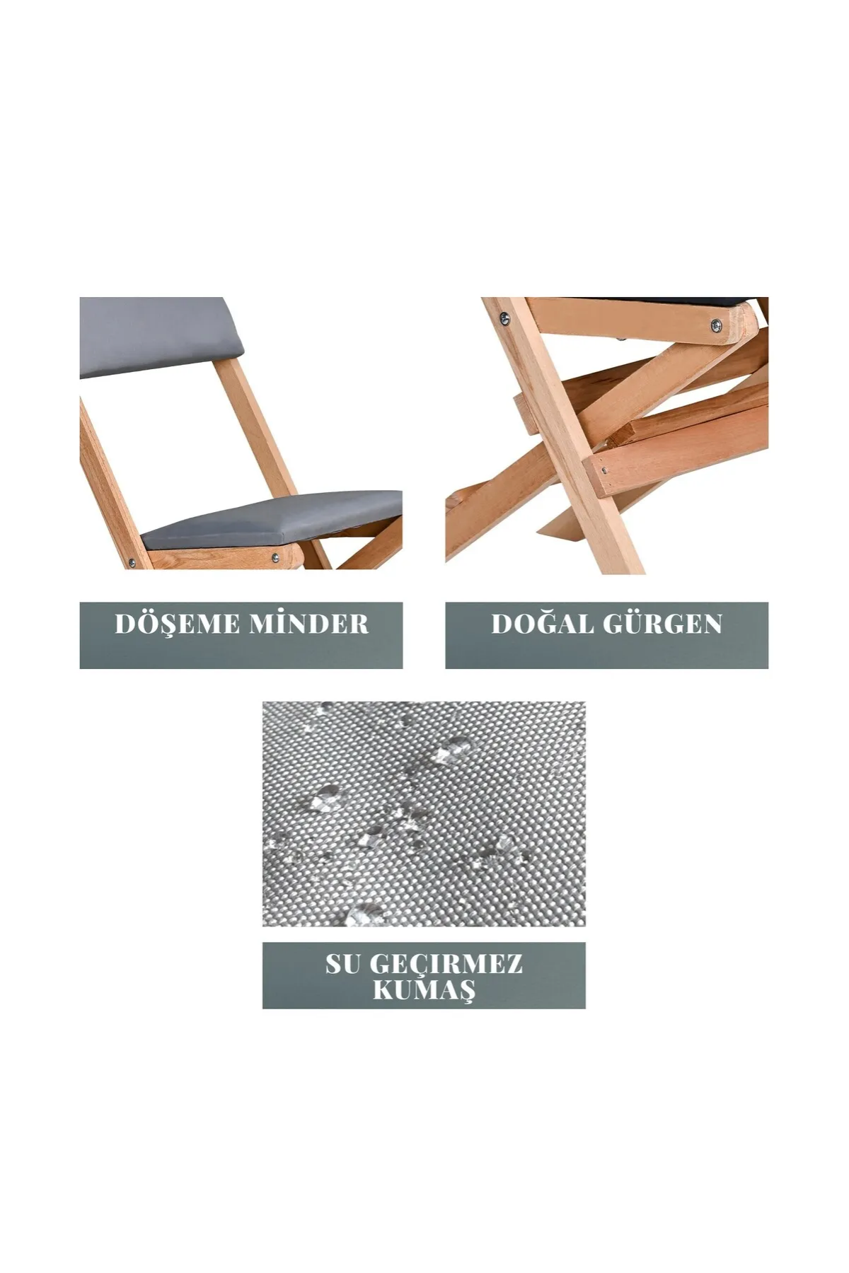 BySay Ahşap Katlanır Döşeme Minderli 3'lü Bistro Set Bahçe Takımı Naturel Gri