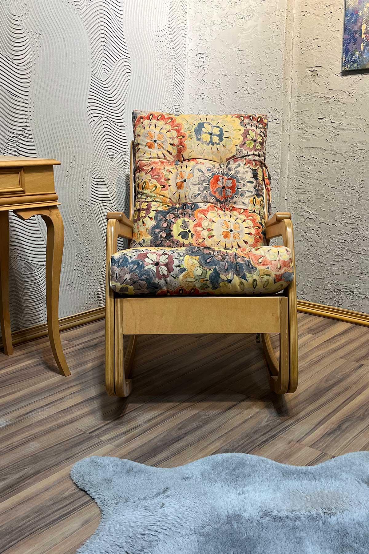 Asedia Kontes Naturel Çiçek Desenli Dolgu Minderli Sallanan Sandalye Dinlenme Koltuğu Baba Koltuğu