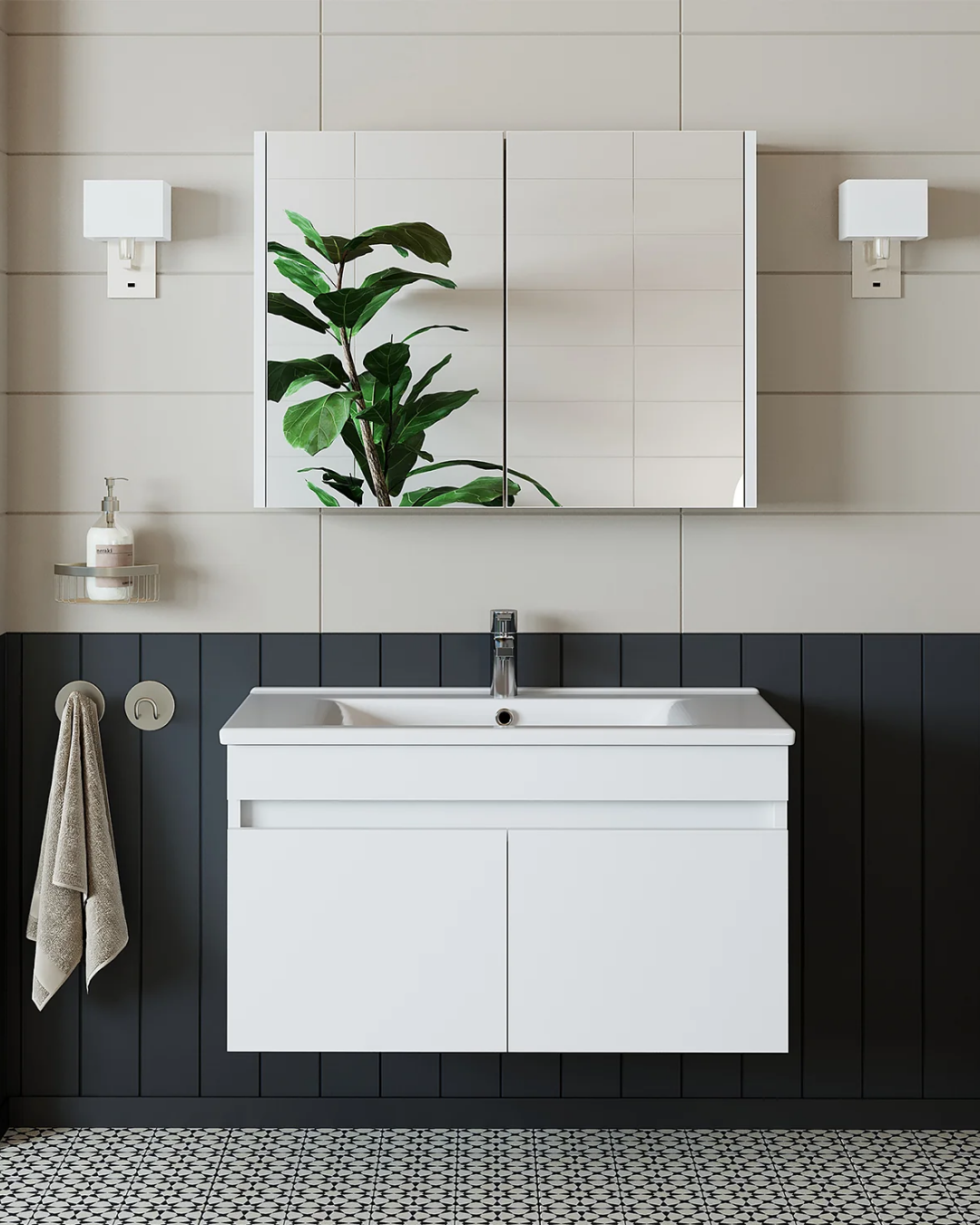 RoomArt Al3 Ayaksız 2 Kapaklı Lavabolu Mdf 85 Cm Banyo Dolabı Aynalı Üst Dolabı Mat Beyaz