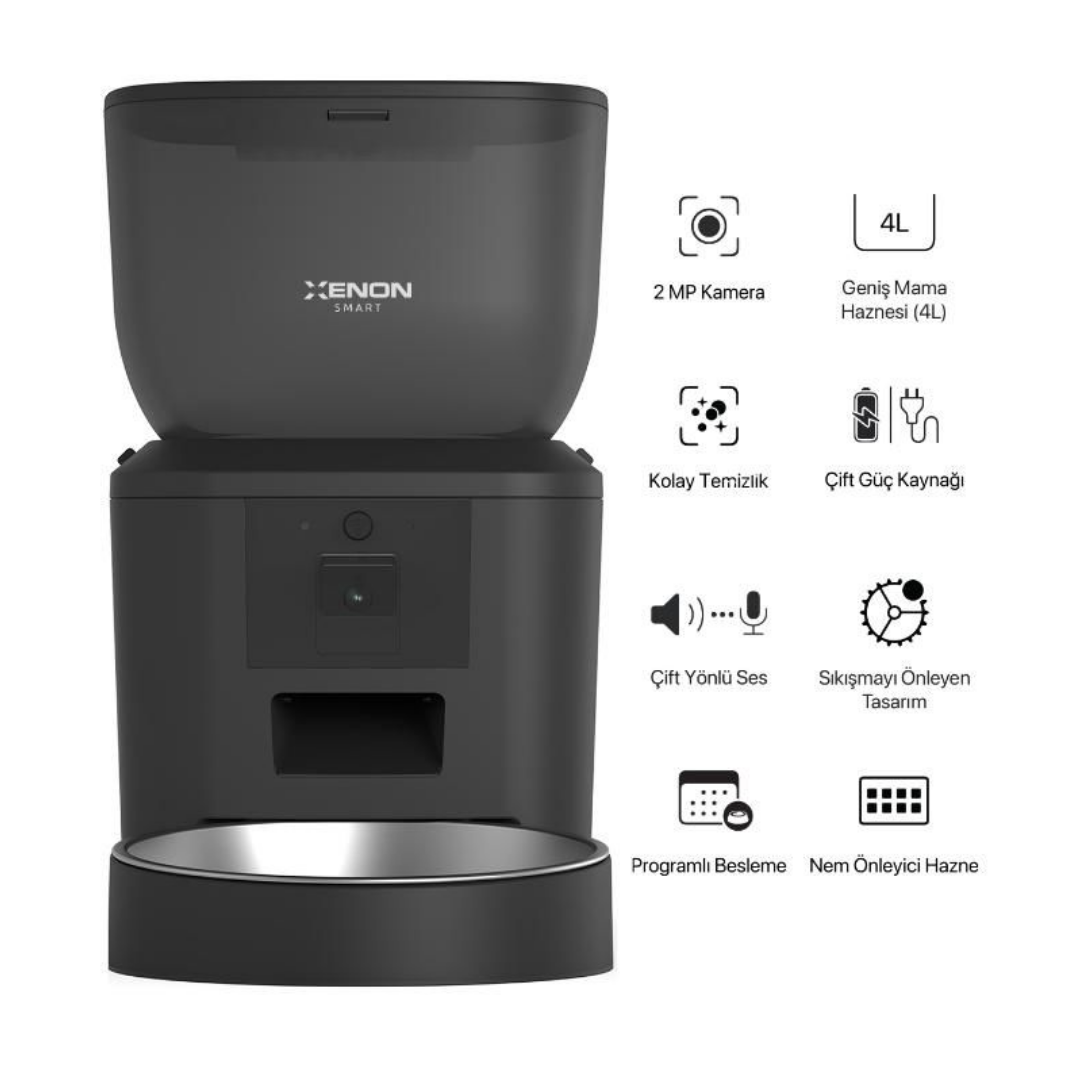 Xenon Smart Akıllı Mama Kabı Siyah Wi-Fi Uzaktan Sesli ve Kamera Kontrollü