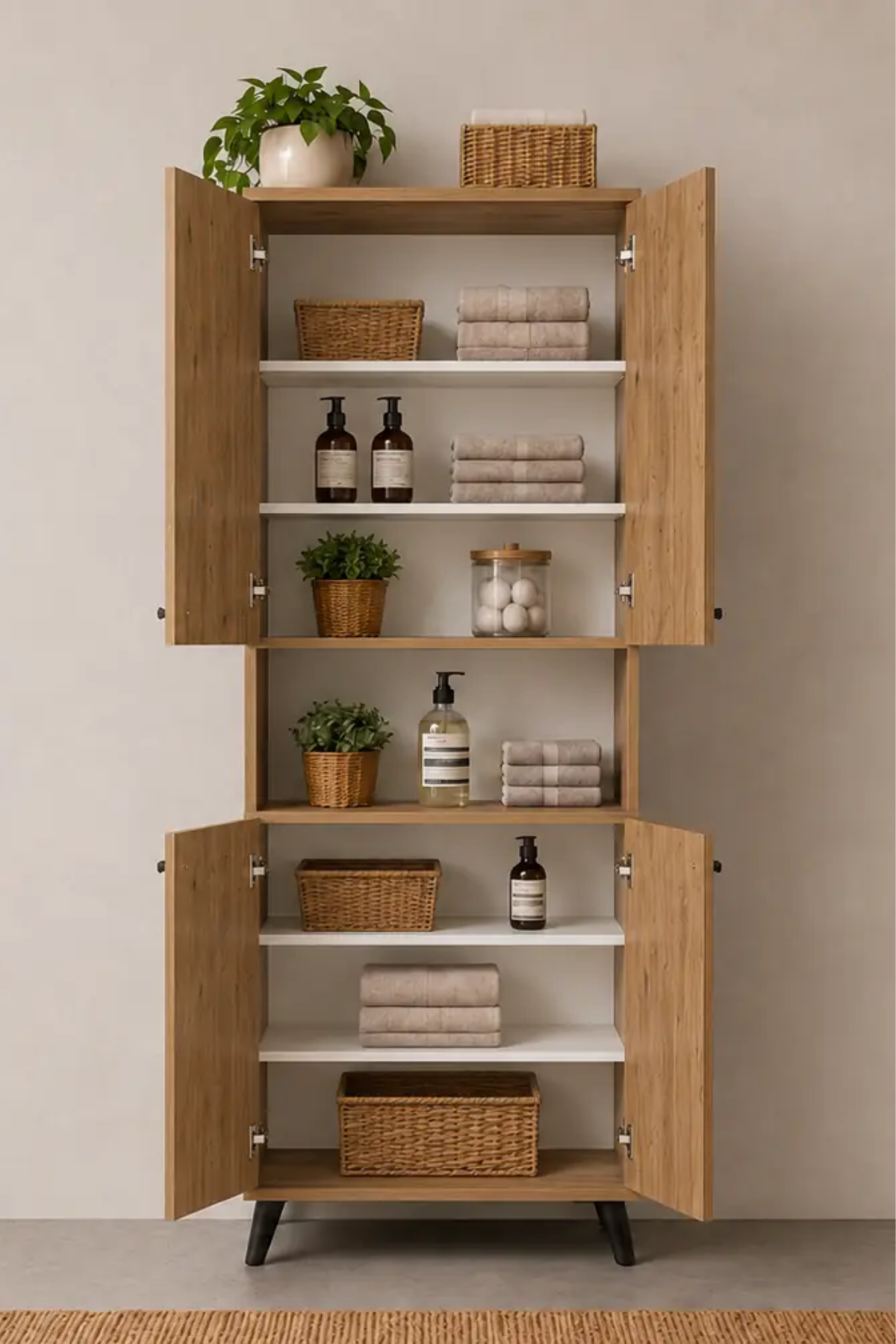 Enda Home Listra 4 Kapaklı Çok Amaçlı Dolap 170,8 cm,  Raflı, Ayaklı Depolama Dolabı - Atlantik Çam